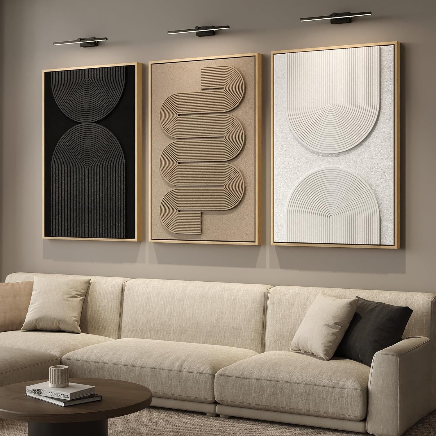 Large 3D Textured Framed Boho Modern Neutral Abstract Wall Art for Living Room, 3 Piece Black White Brown Paintings Artwork for Walls, Geometric Pictures for Office Bedroom Dining Room Decor, 24x36 In