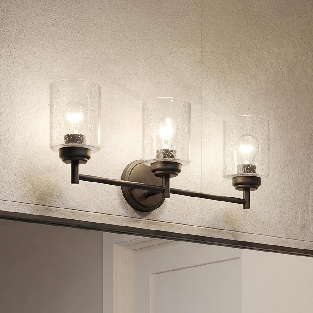 Kichler Winslow 21.5" 3-Light Bathroom Vanity Light Fixture with Clear Seeded Glass in Black, Modern Wall Mount Lighting for Mirror over Vanity in Bathroom, 45886BK