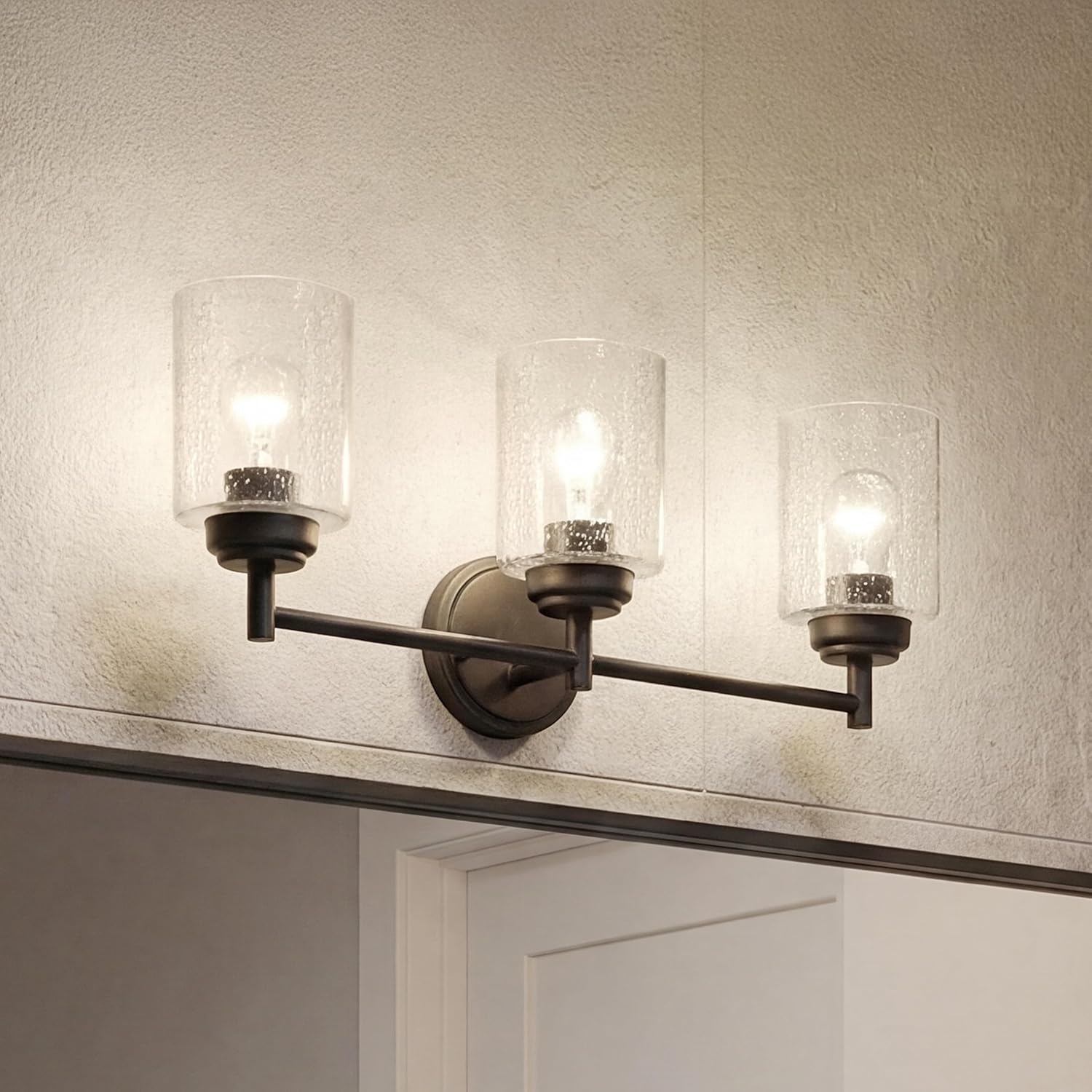 Kichler Winslow 21.5" 3-Light Bathroom Vanity Light Fixture with Clear Seeded Glass in Black, Modern Wall Mount Lighting for Mirror over Vanity in Bathroom, 45886BK