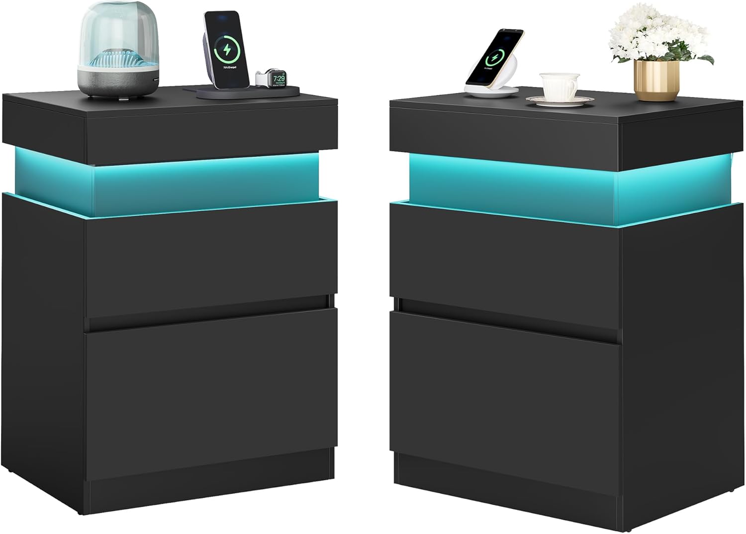 VASAGLE Kailyn Collection - Nightstands with Power Outlets, Sliding Lid, Modern Bedside Tables with LED Lights, End Tables, 2 Drawers, Set of 2, 15.7 x 18.9 x 26.8 Inches, Ink Black ULET650BC01S-2J