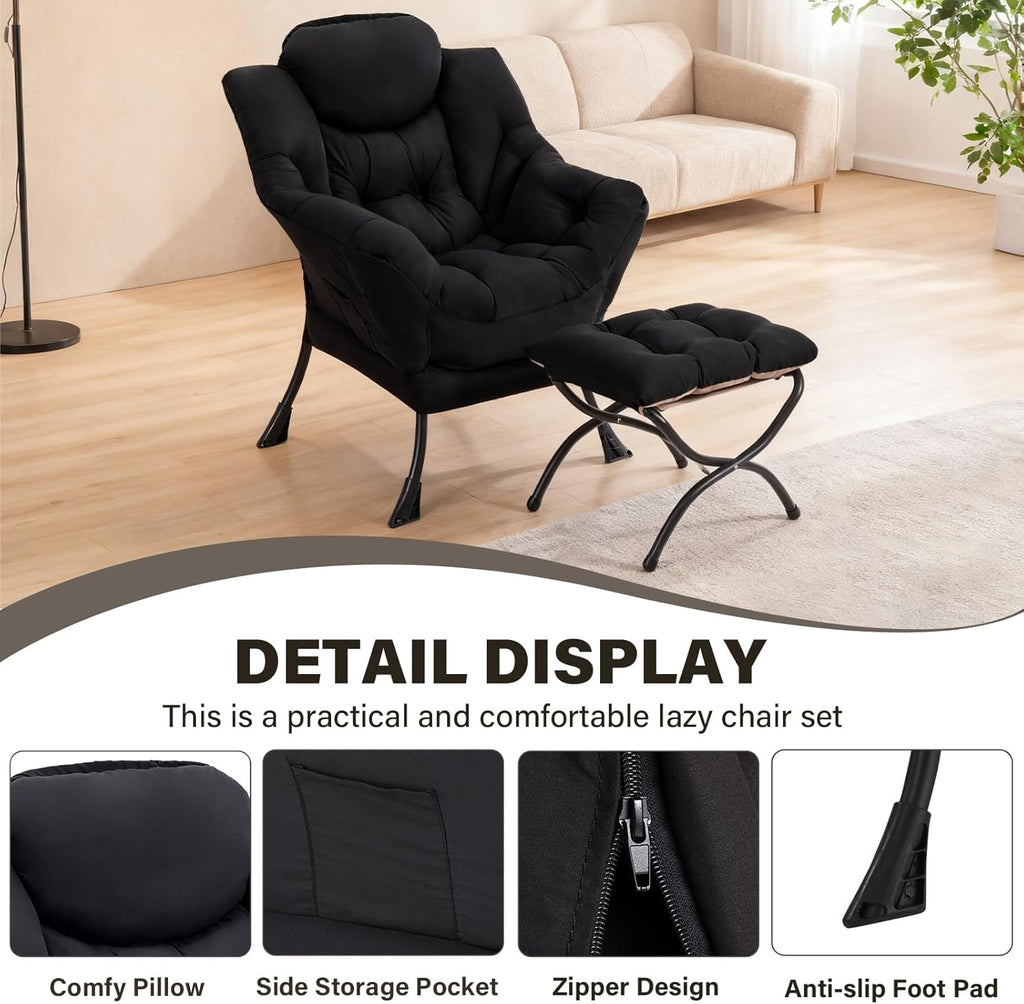Lazy Chair with Ottoman, Modern Accent Chair Contemporary Lounge Leisure Sofa Chair with Armrests, Reading Chair and Folding Footstool Set for Living Room, Bedroom, Office, Black