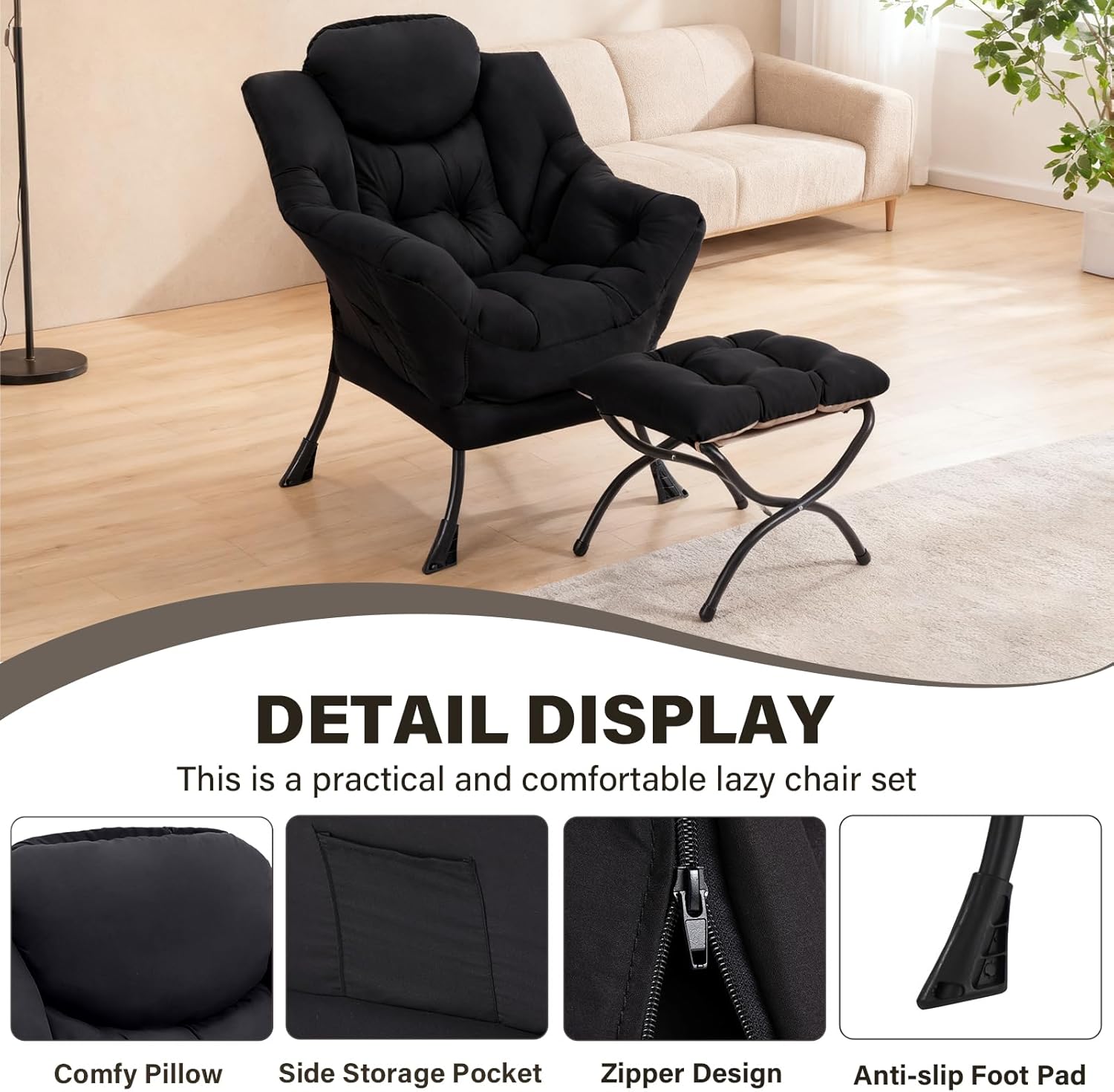 Lazy Chair with Ottoman, Modern Accent Chair Contemporary Lounge Leisure Sofa Chair with Armrests, Reading Chair and Folding Footstool Set for Living Room, Bedroom, Office, Black