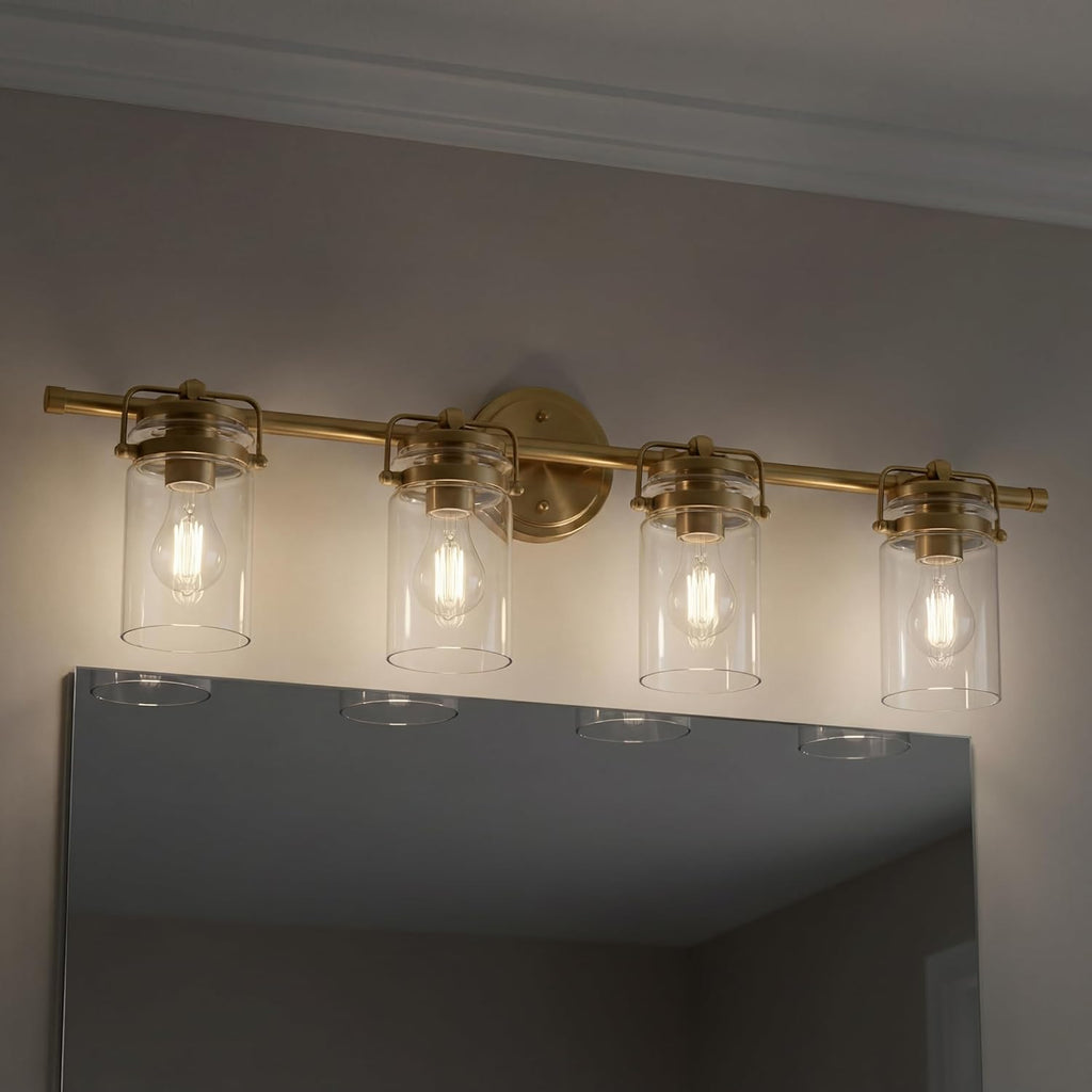 Kichler Brinley 4-Light Bathroom Vanity Light Fixture with Clear Glass in Champagne Bronze, Industrial Farmhouse Style for Mirror Lighting (32.5" x 10.25" x 6.75"), 45690CPZ