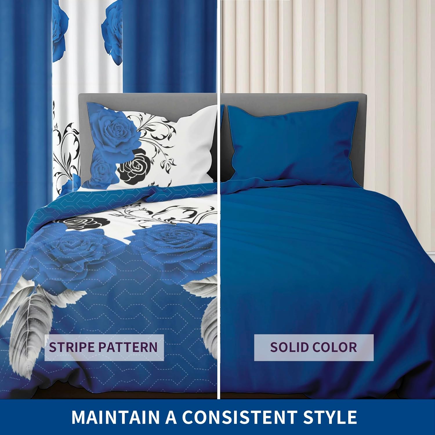 Deepsleep Queen Size Quilt Set 9 Pieces with Matching Curtain, with 2 Pillowcases and 6 Curtains for Bedroom, Machine Washable Microfiber Bedding Set for All Season, Blue Rose