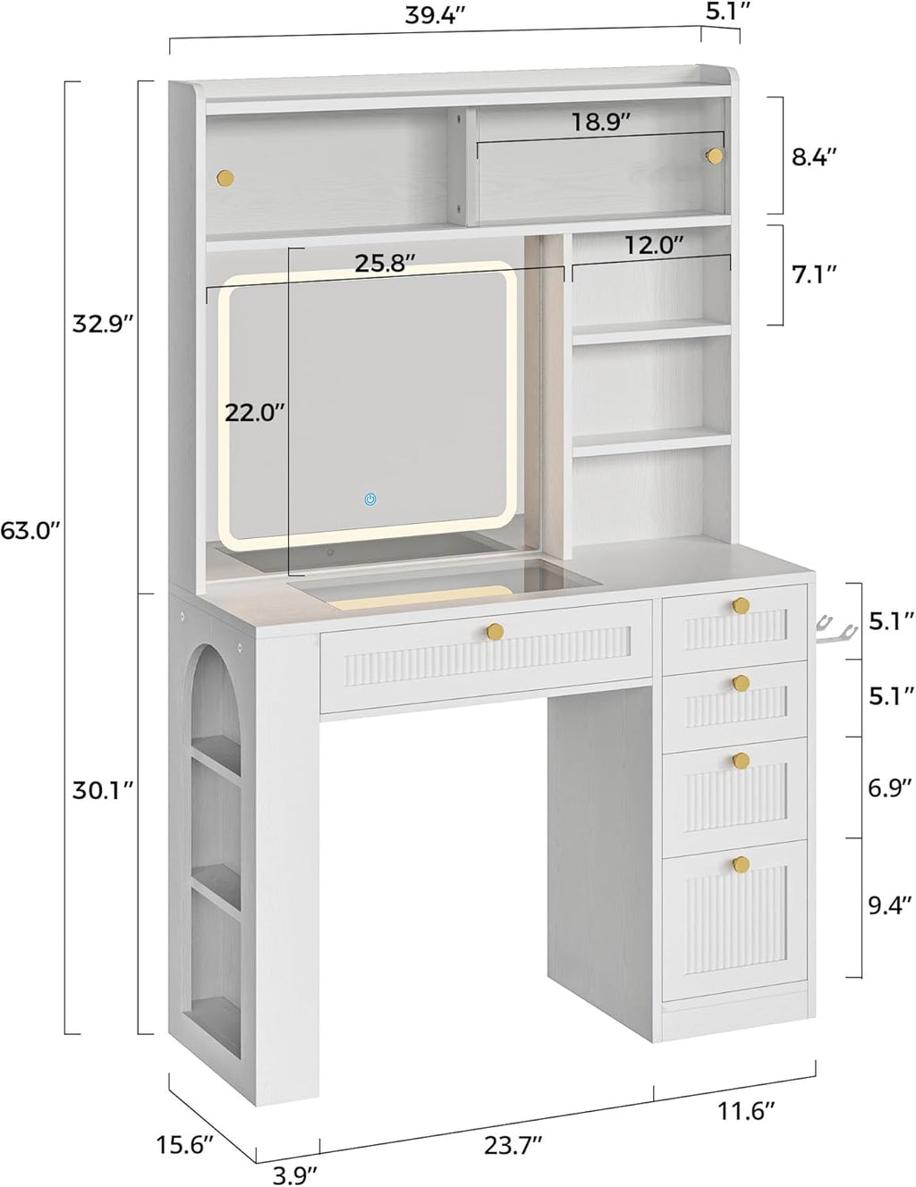 IRONCK Vanity Desk with LED Lighted Mirror, 3-Color Dimmable Makeup Vanity with Glass Top & Charging Station & Hair Dryer Holder, 4 Drawers & Open Shelves, 63" H Vanity for Bedroom, White