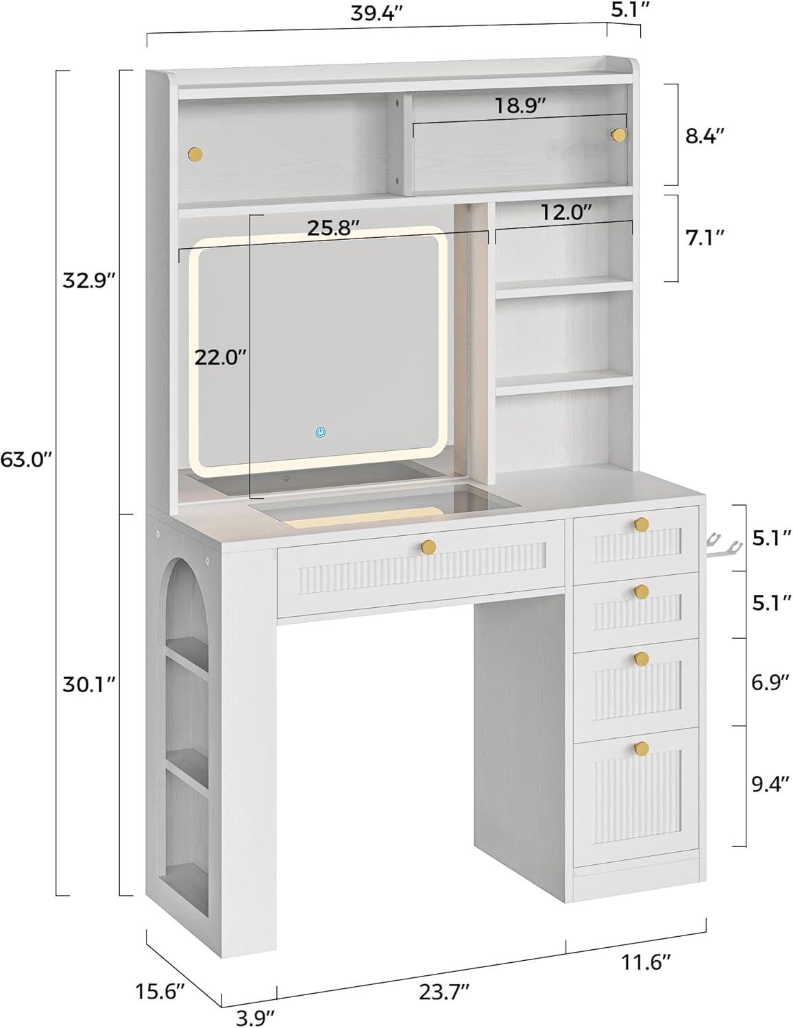 IRONCK Vanity Desk with LED Lighted Mirror, 3-Color Dimmable Makeup Vanity with Glass Top & Charging Station & Hair Dryer Holder, 4 Drawers & Open Shelves, 63" H Vanity for Bedroom, White