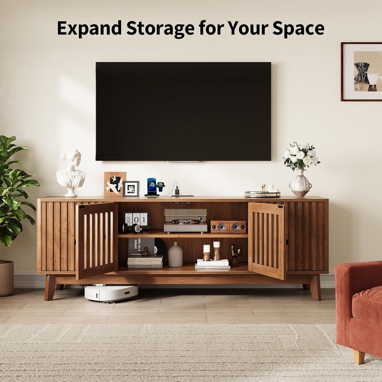 Garvee Mid Century Modern TV Stand, TV Stands for Living Room with 4 Grille Doors and Adjustable Shelves, Entertainment Center with Storage and Power Output, Wooden TV Console