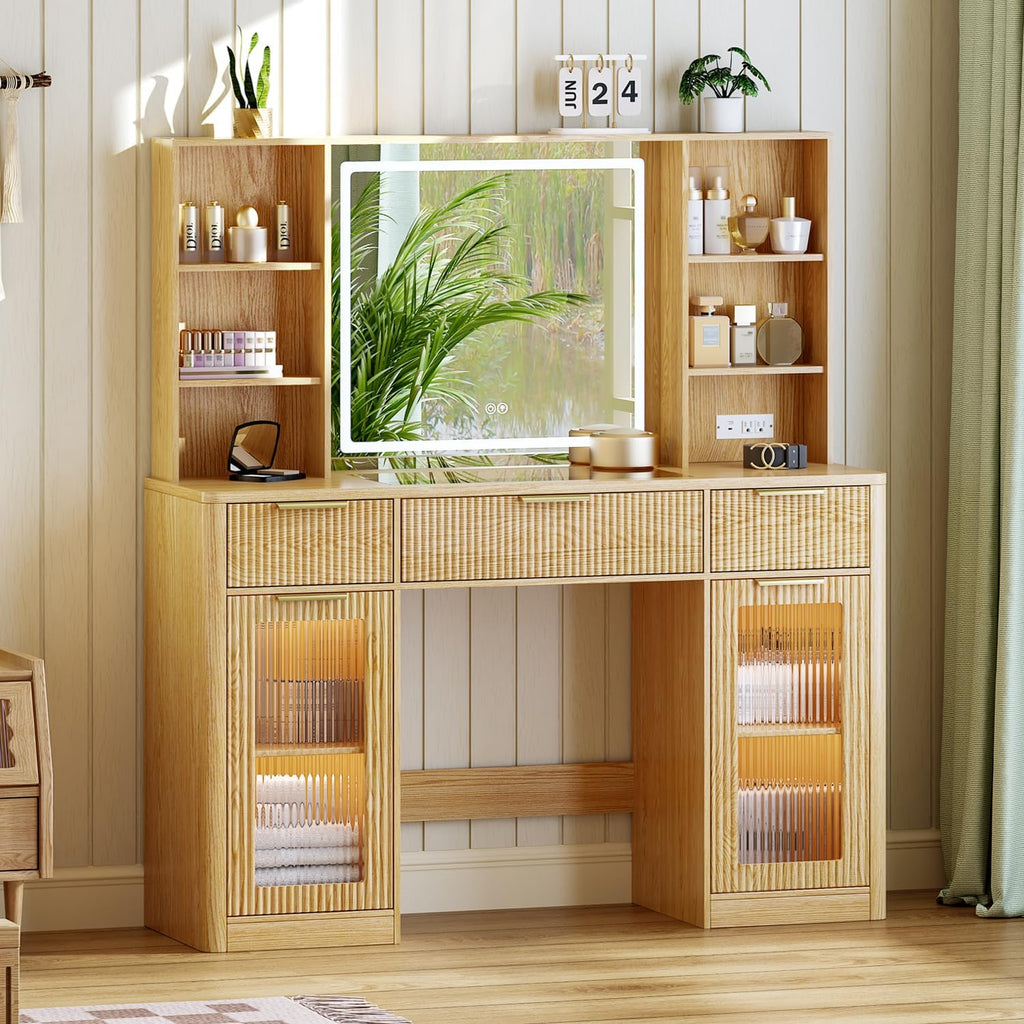 51" Large Vanity,Modern Fluted Makeup Vanity Desk with Mirror and Lights, Glass Top Vanity with 3 Drawers and 2 Cabinets&Charging Station,Dressing Table for Women and Girls' bedrooms. Oak