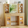 51" Large Vanity,Modern Fluted Makeup Vanity Desk with Mirror and Lights, Glass Top Vanity with 3 Drawers and 2 Cabinets&Charging Station,Dressing Table for Women and Girls' bedrooms. Oak