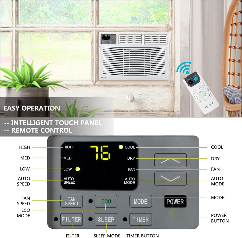 ROVSUN 8000 BTU Air Conditioner Window Unit, 3-in-1 Window AC Unit Cooler, Dehumidifier & Fan with Timer, Remote Control & Installation Kit, Cooling Rooms up to 350 Sq. Ft, 115V/60Hz