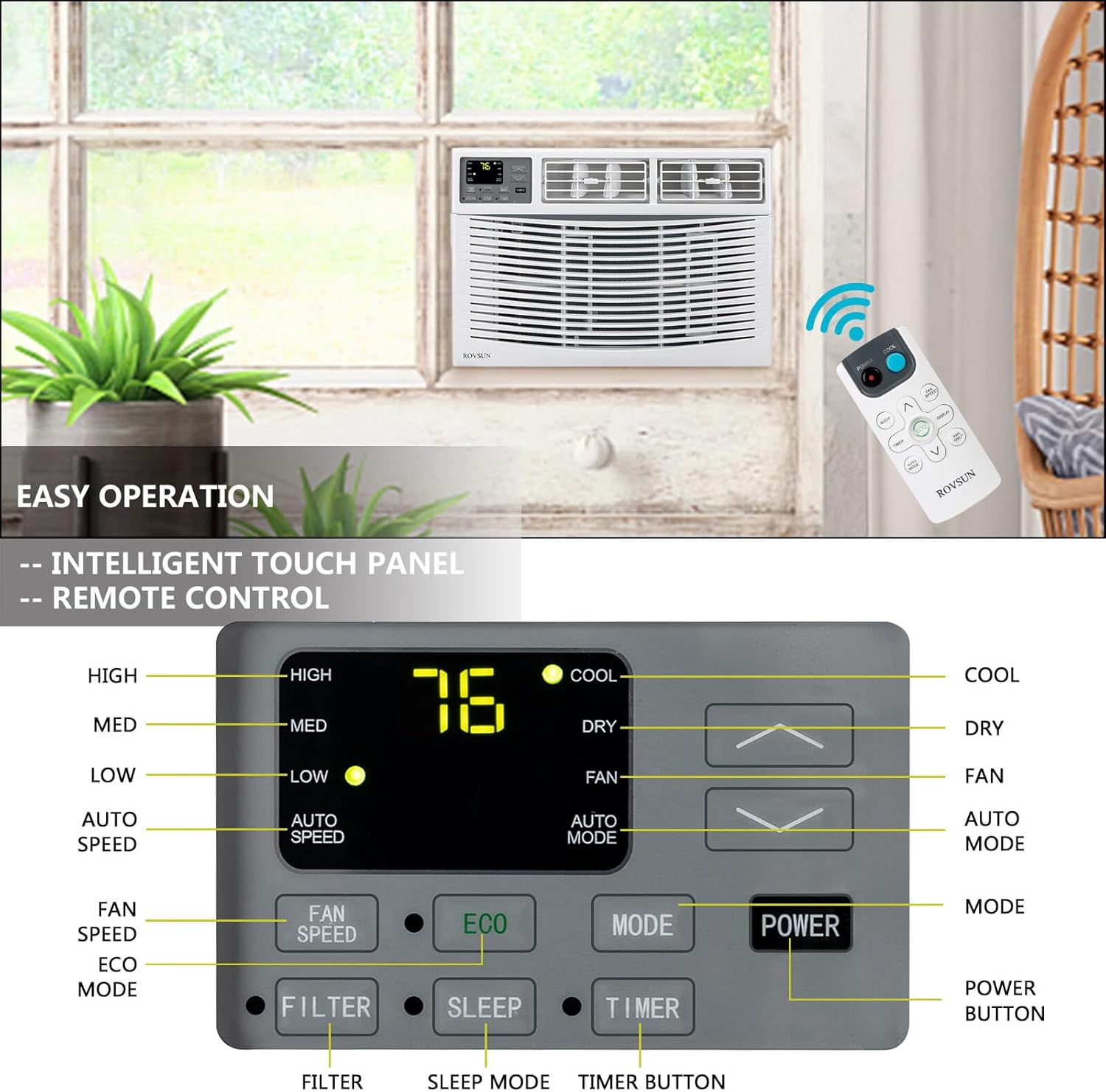 ROVSUN 8000 BTU Air Conditioner Window Unit, 3-in-1 Window AC Unit Cooler, Dehumidifier & Fan with Timer, Remote Control & Installation Kit, Cooling Rooms up to 350 Sq. Ft, 115V/60Hz