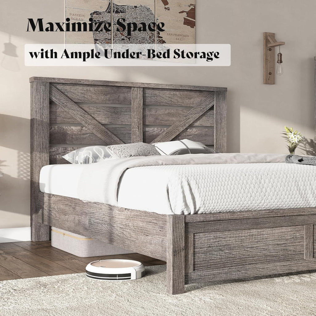 AMERLIFE Queen Size Bed Frame with 49.2" Barn Door Headboard and Footboard, Farmhouse Platform Bed Frame with Wood Slats, No Box Spring Needed, Under Bed Storage, Rustic Gray