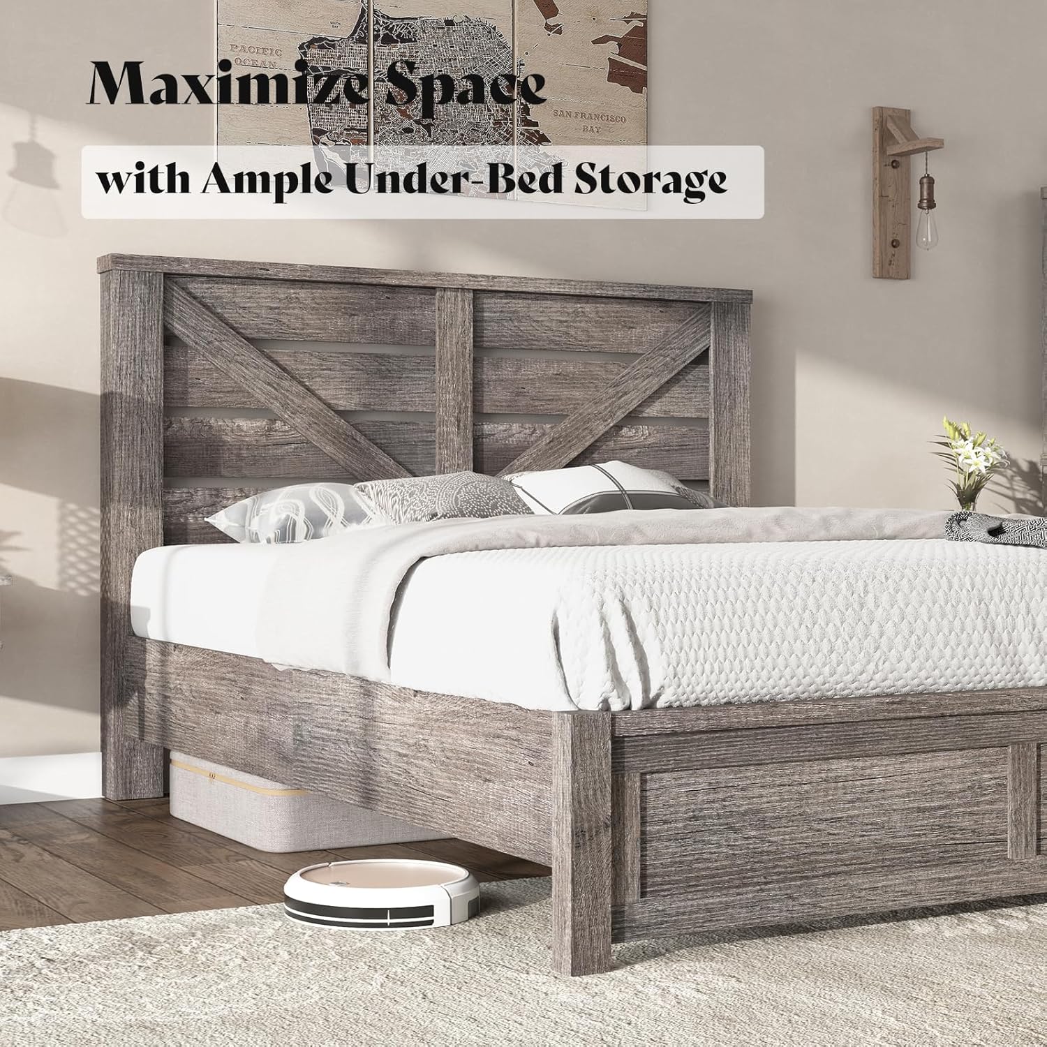 AMERLIFE Queen Size Bed Frame with 49.2" Barn Door Headboard and Footboard, Farmhouse Platform Bed Frame with Wood Slats, No Box Spring Needed, Under Bed Storage, Rustic Gray