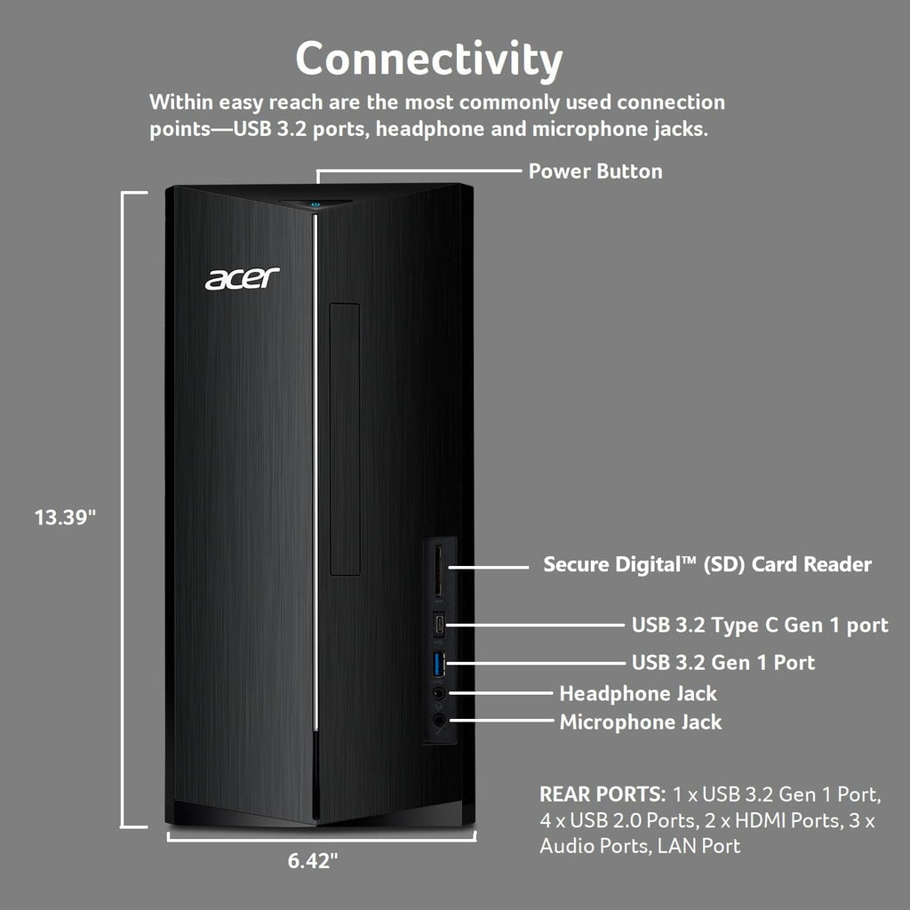 acer Aspire TC-1780-UR11 Desktop | 13th Gen Intel Core i5-13400 10-Core Processor | 16GB 3200MHz DDR4 | 512GB M.2 2280 PCIe Gen 4 SSD | SD Card Reader | Intel Wi-Fi 6E AX211 | Windows 11 Pro,Black