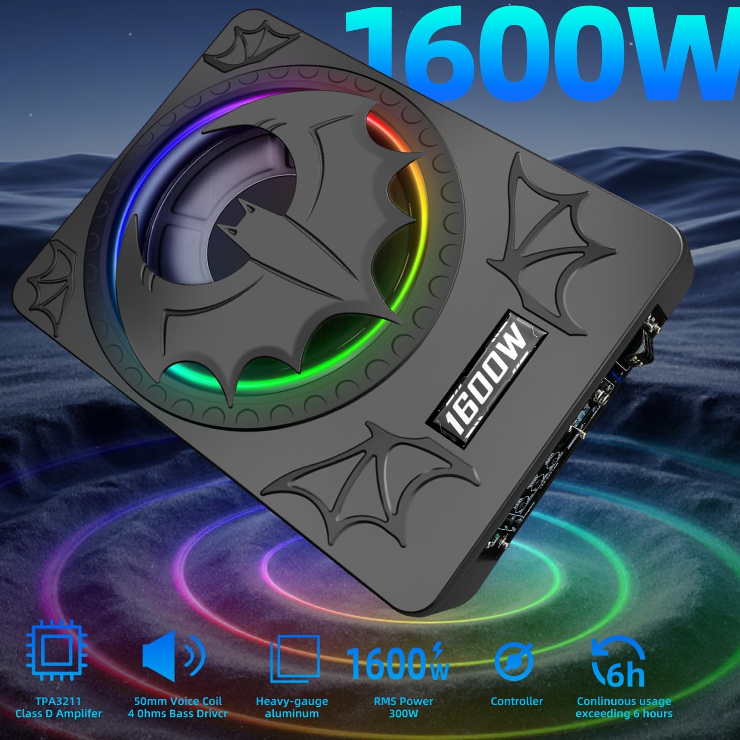 1600W Slim Underseat Subwoofer with Built-in Amp 10 Inch Sub | RGB Ambient Lighting, LPF/Gain/Bass Boost Controls, Individual Controls, Distortion-Free Deep Bass | Universal Fit for All Car