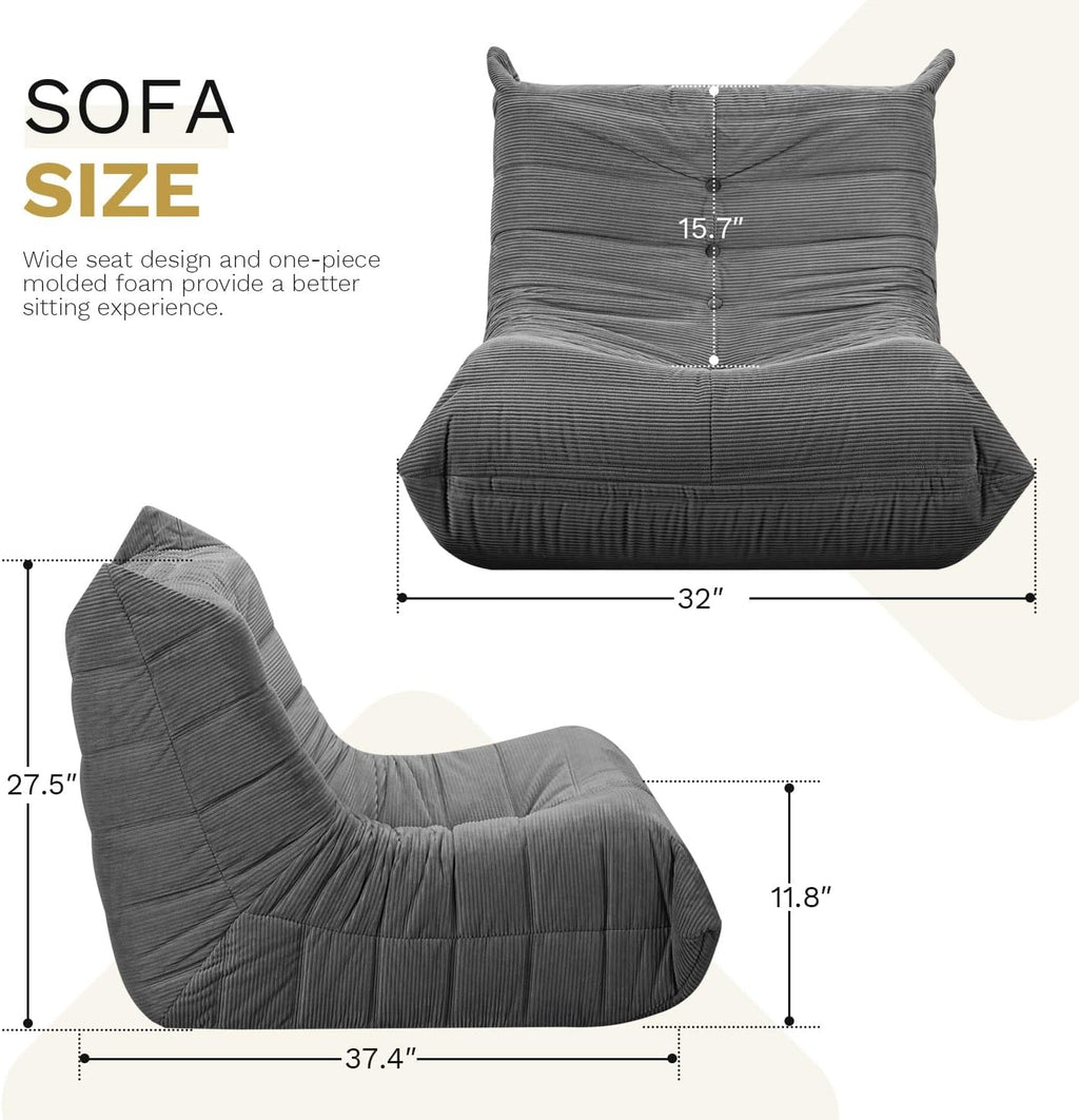 Bean Bag Chairs for Adults, Memory Foam Couch Sofa Chair,One-piece Foam Padding,Cozy Corduroy Material Bean Bag Chair,Bean Bag Sofa for Reading in Bedroom Living Room and Dorms,Gray