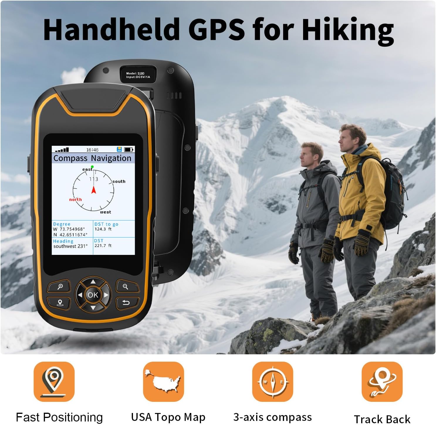 Handheld GPS for Hiking, Rugged and Waterproof Handheld GPS Navigator, 3.2" Sunlight Readable Screen, Compact Satellite Handheld GPS with USA Topo Map, Multi-GNSS Support, Extra Battery Life
