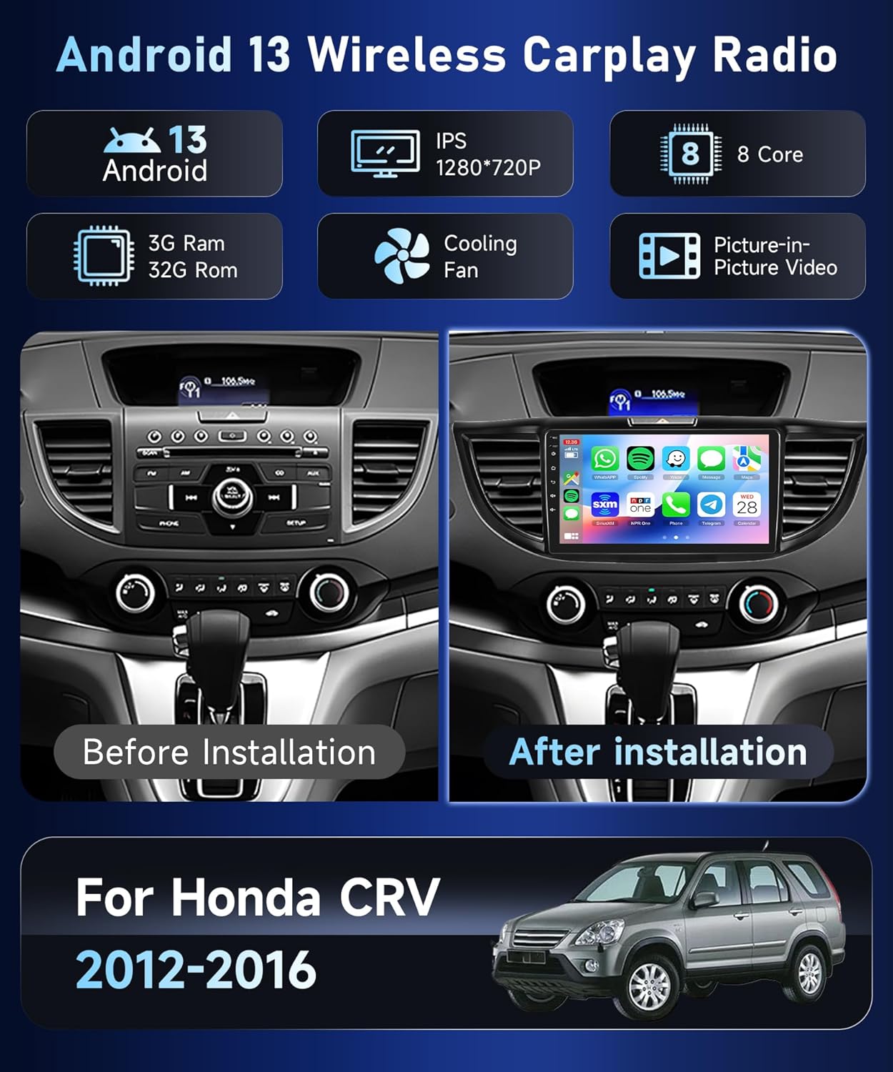 8Core4+64G Car Stereo for Honda CRV 2012-2016 Wireless CarPlay/Android Auto Android Radio with Qualcomm 9" IPS Touch Screen,BT5.1,DSP Hi-Res,GPS,SWC,Backup Camera for Honda CRV Radio