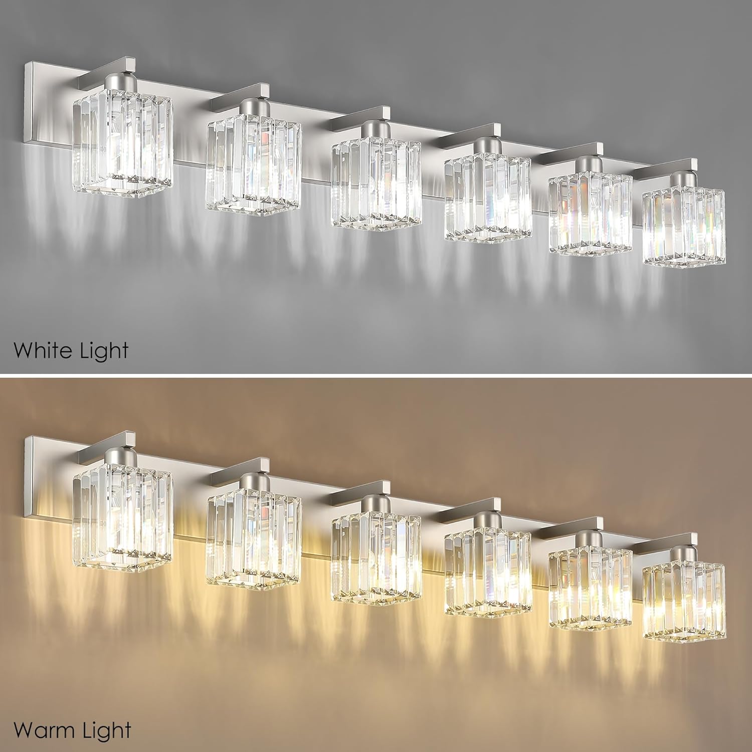 Aipsun Brushed Nickel Bathroom Light Fixtures 6 Light Vanity Lighting Fixture Crystal Modern Bathroom Vanity Light (Exclude Bulb)