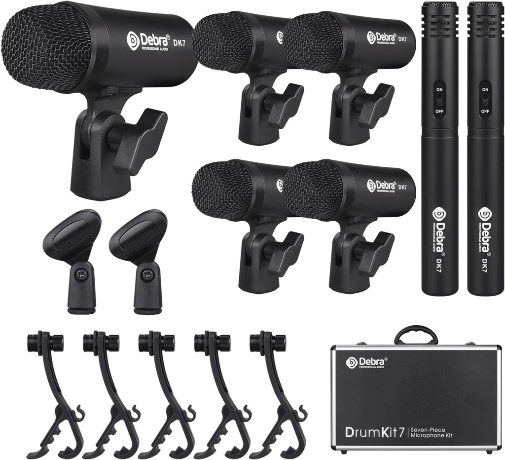 D Debra DK7 Pro 7-Piece Wired Drum Microphone Kit for Performing and Recording Drummers, Includes Mics, Mic Clip with Options for Kick Drums, Snare, Rack/Floor Toms, Congas and Cymbals