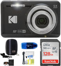 Kodak Pixpro FZ55 Digital Camera (Black) Bundle, Includes: SanDisk 128GB Memory Card, Hard Shell Camera Case, SD Card Reader and More (6 Items)