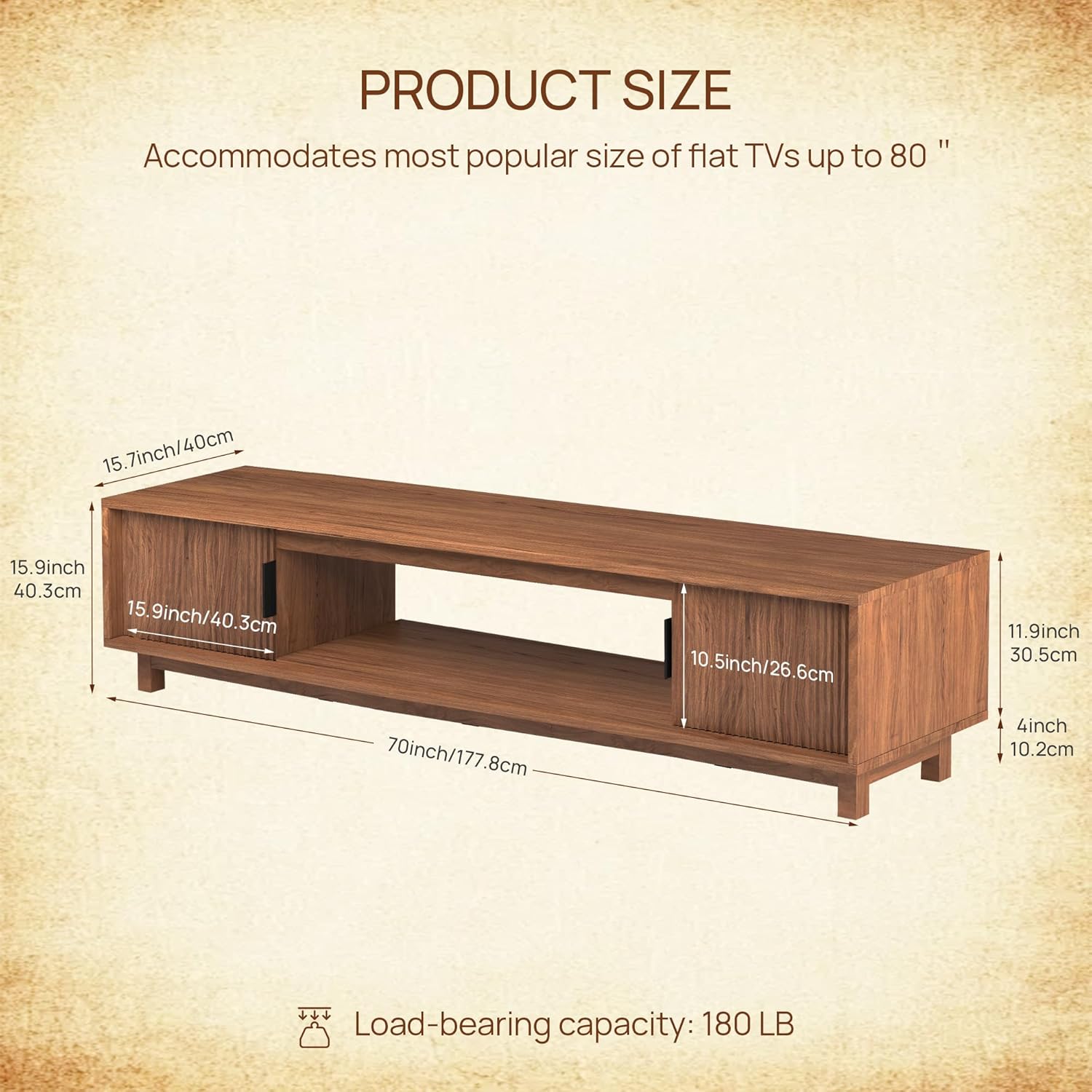 Alpen Fluted TV Stands for Living Room, 70" Mid Century Modern Entertainment Center with Storage, Brown Walnut TV Console for 65/75/80 Inch TV, Wood Television Media Cabinet for Bedroom