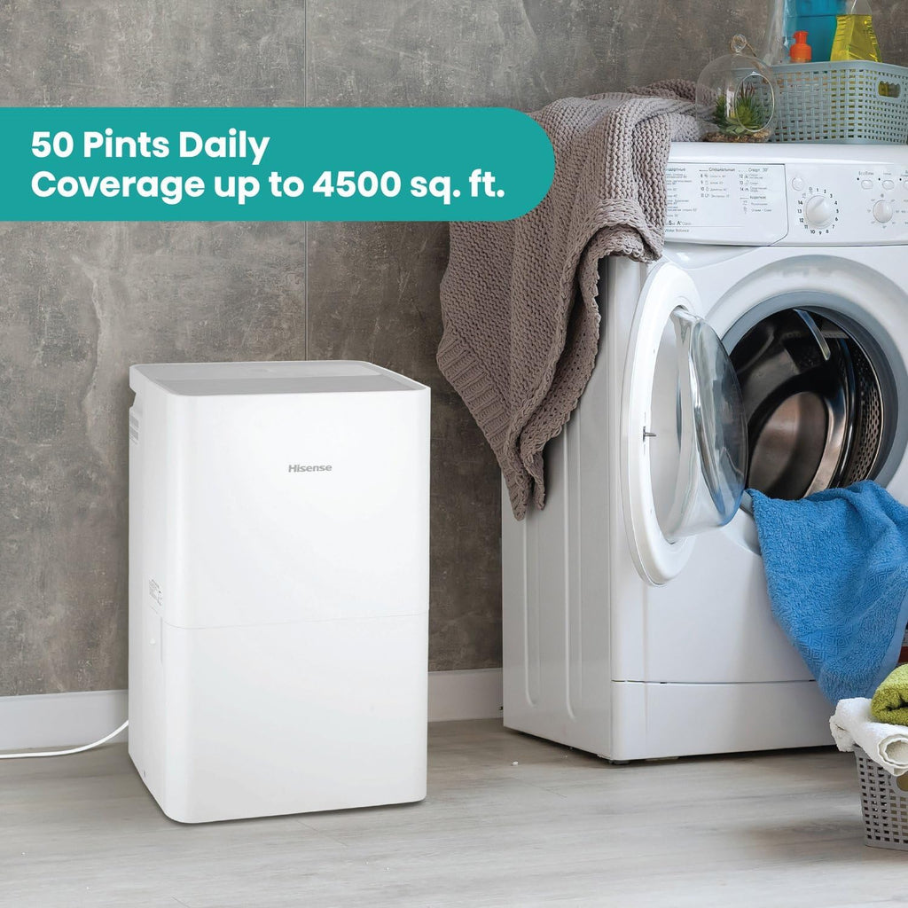 Hisense 50 Pint Portable Dehumidifier, Energy Efficient Quiet Humidity Absorber Moisture Extractor for Bathroom Bedroom Garage Attic Large Home House Crawl Space Closet