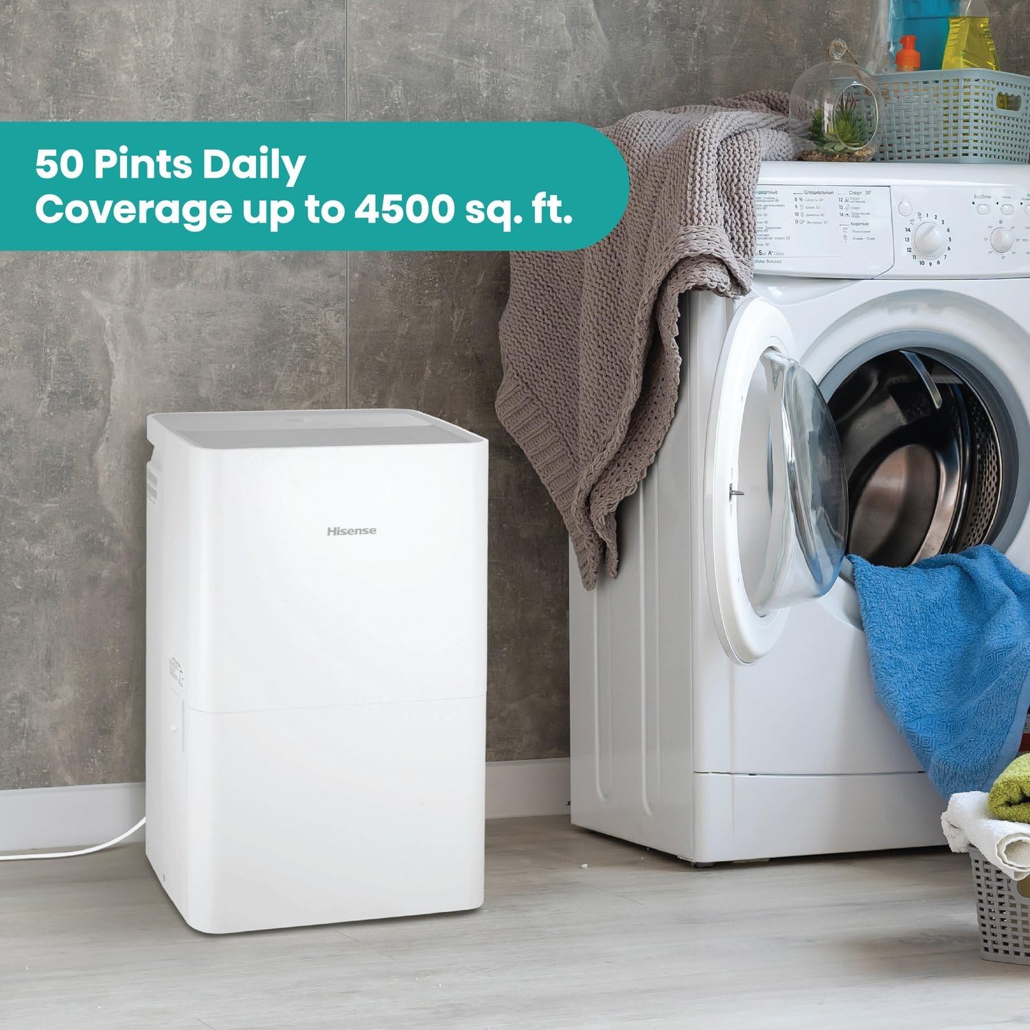Hisense 50 Pint Portable Dehumidifier, Energy Efficient Quiet Humidity Absorber Moisture Extractor for Bathroom Bedroom Garage Attic Large Home House Crawl Space Closet