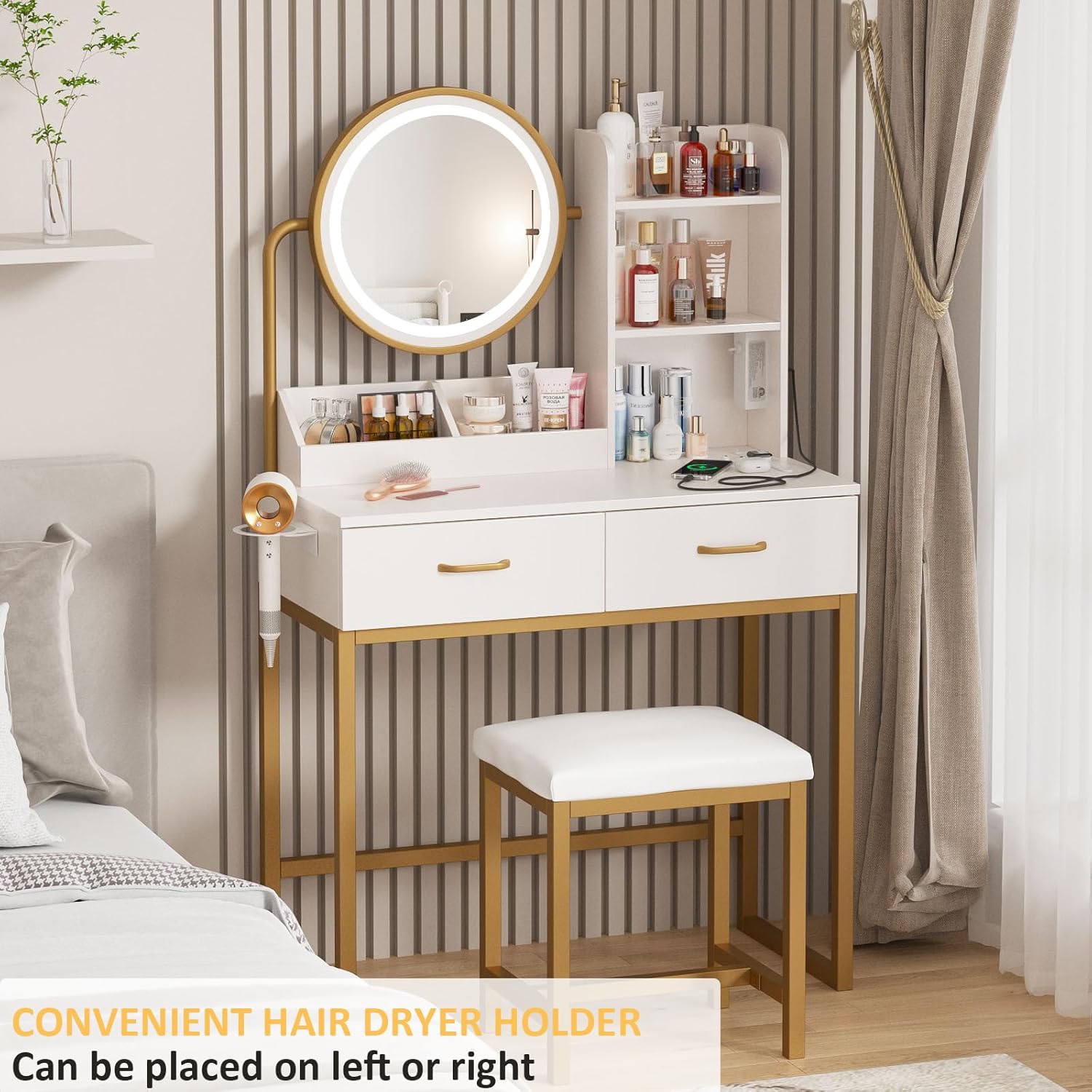Vabches Makeup Vanity with Round Mirror and Lights, White Vanity Makeup Table with Charging Station, Small Vanity Table for Bedroom, 3 Lighting Modes, 31.5in(L)