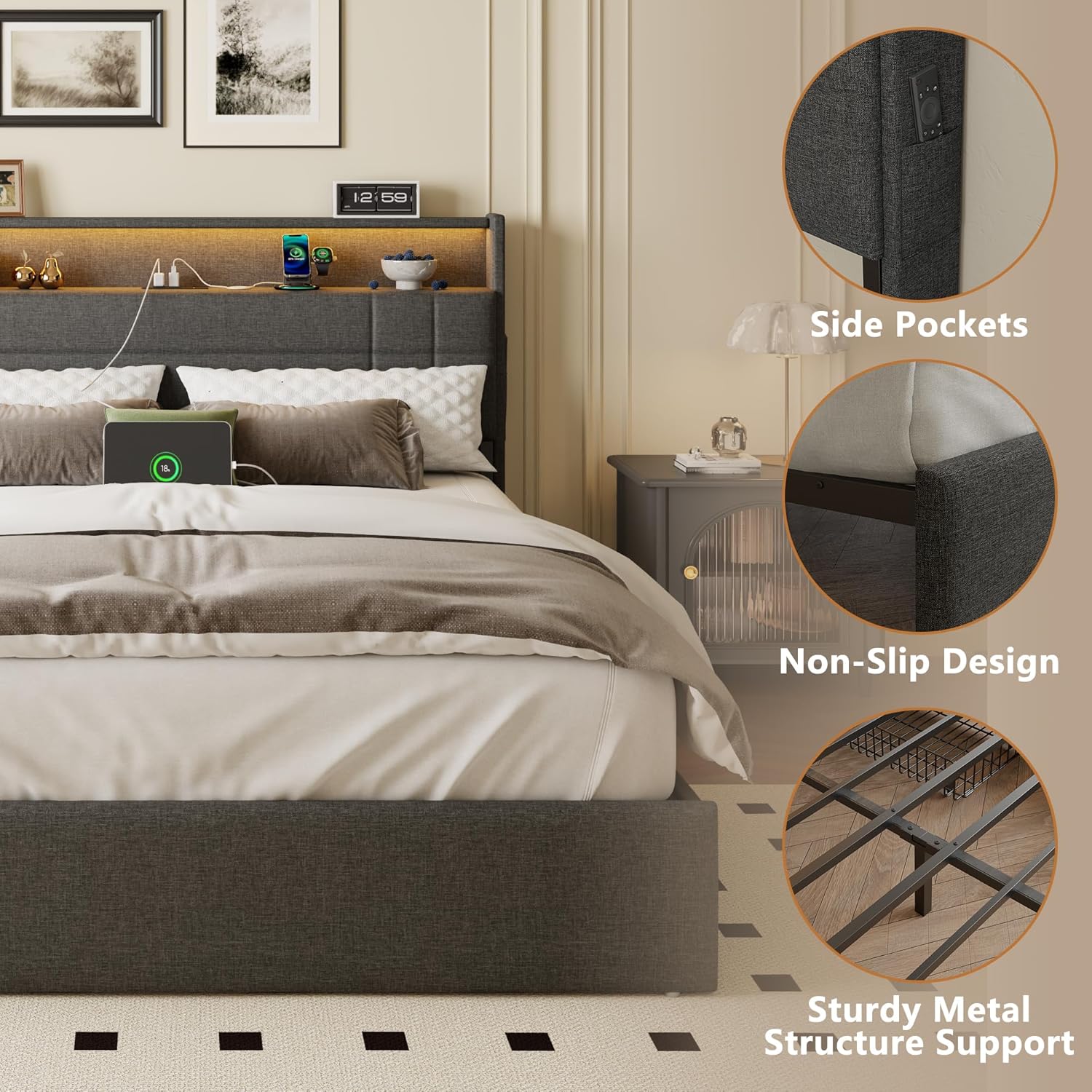 Forestell Queen Bed Frame with 4 Drawers and Storage Headboard, Grey Upholstered Platform Bed Frame Queen Size with Charging Station and LED Lights, Metal Slats Support, No Box Spring Needed