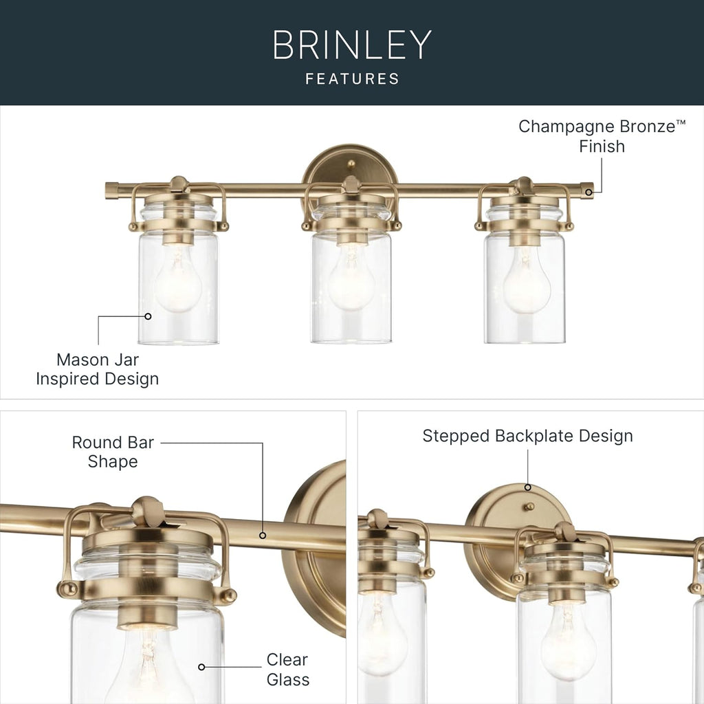 Kichler Brinley 24" 3-Light Bathroom Vanity Light Fixture with Clear Glass in Champagne Bronze, Modern Farmhouse Mason Jar Style for Mirror Lighting (24" W x 10.25" H), 45689CPZ