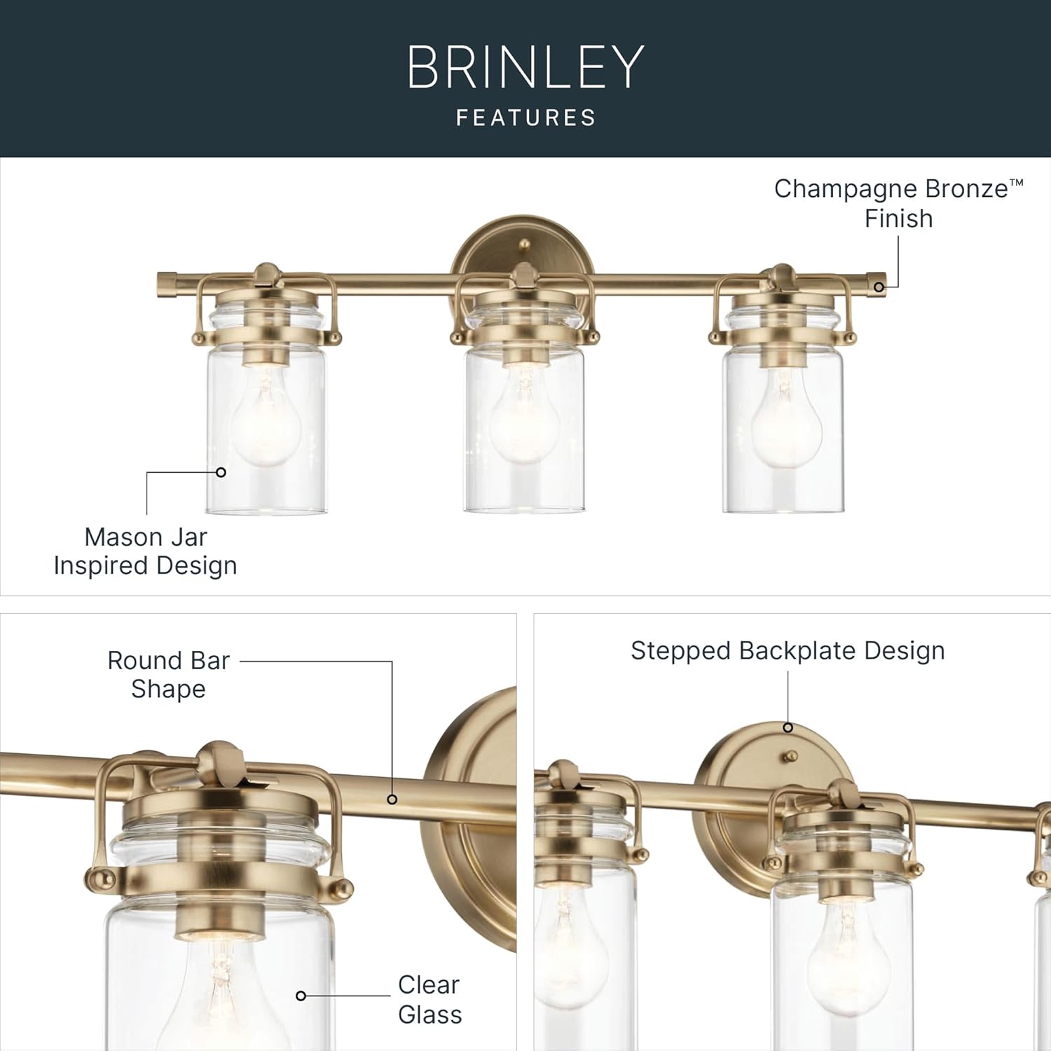 Kichler Brinley 24" 3-Light Bathroom Vanity Light Fixture with Clear Glass in Champagne Bronze, Modern Farmhouse Mason Jar Style for Mirror Lighting (24" W x 10.25" H), 45689CPZ
