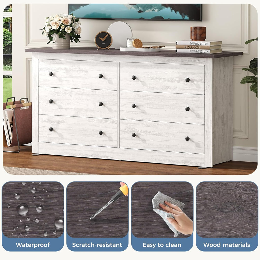 DUMOS Home Storage for Living Room, Wood Cabinet with 6 Drawers, 59" Wide TV Stand with Metal Handles, Storage Organizer for Bedroom, Entryway and Home Office, Wood