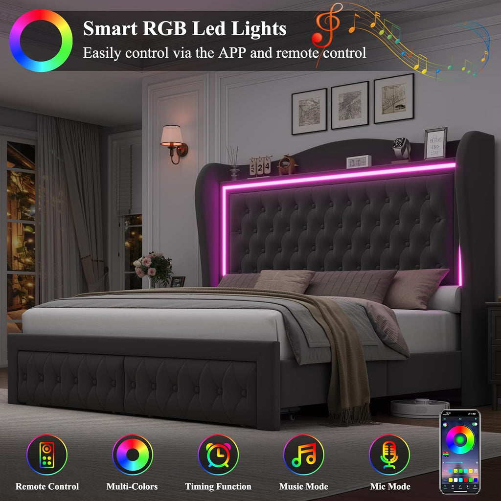 Queen Bed Frame 55" Tall Headboard with LED Lights, Buttons Tufted Velvet Upholstered Platform Bed Frame with 2 Storage Drawers, Wood Slats Support Mattress Foundation, No Box Spring Needed, Grey