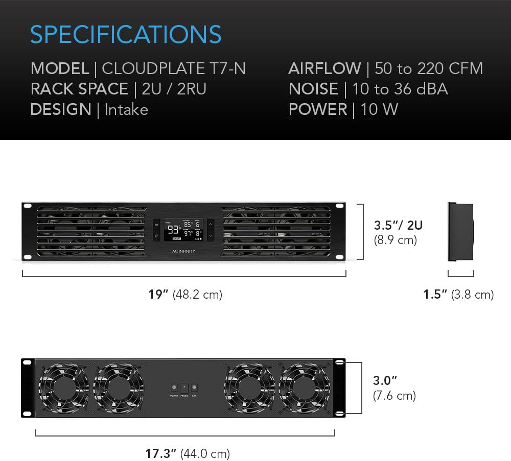 AC Infinity CLOUDPLATE T7-N, Rack Mount Fan Panel 2U, Intake Airflow, for Cooling AV, Home Theater, Network 19” Racks