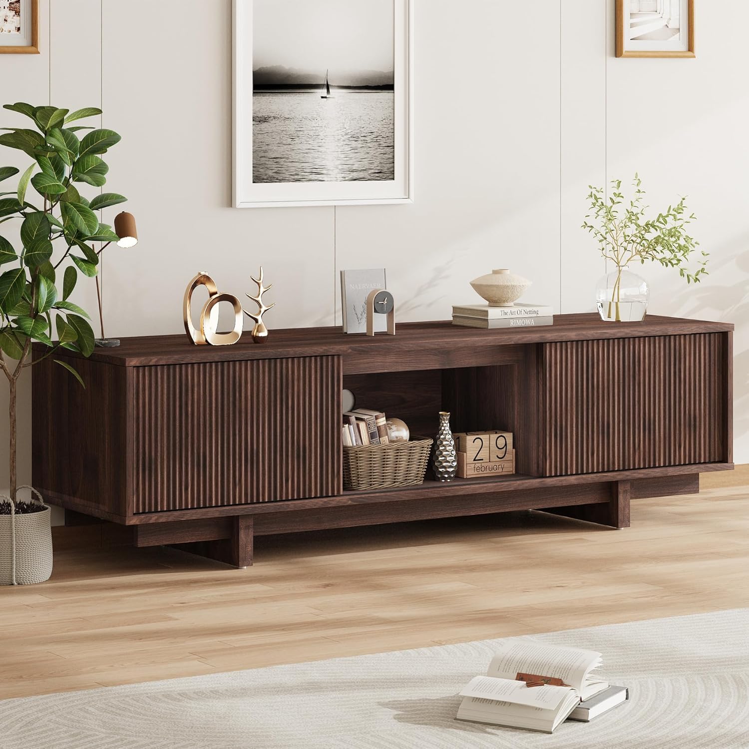 Garvee 55/63 Inch TV Stand, Farmhouse TV Stand with Wave-Like Door, Mid Century Entertainment Center with Storage, TV and Media Console for Living Room, Walnut