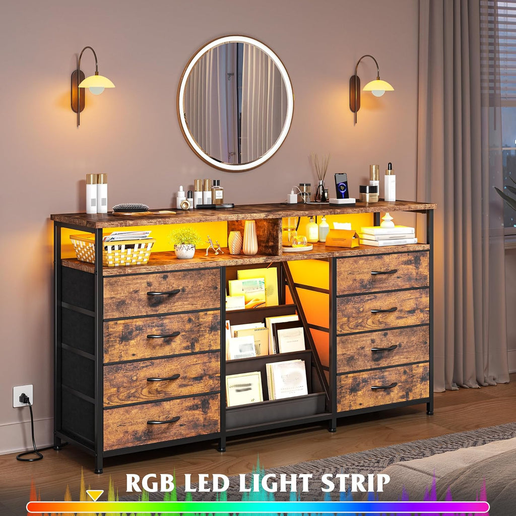 EnHomee 55 ” W Dresser for Bedroom with Bookrack & 8 Fabric Drawers, Dresser TV Stand with Power Outlet & LED Lights for 65 Inch TV, Chest of Drawers for Cabinet, Entryway,Rustic Brown