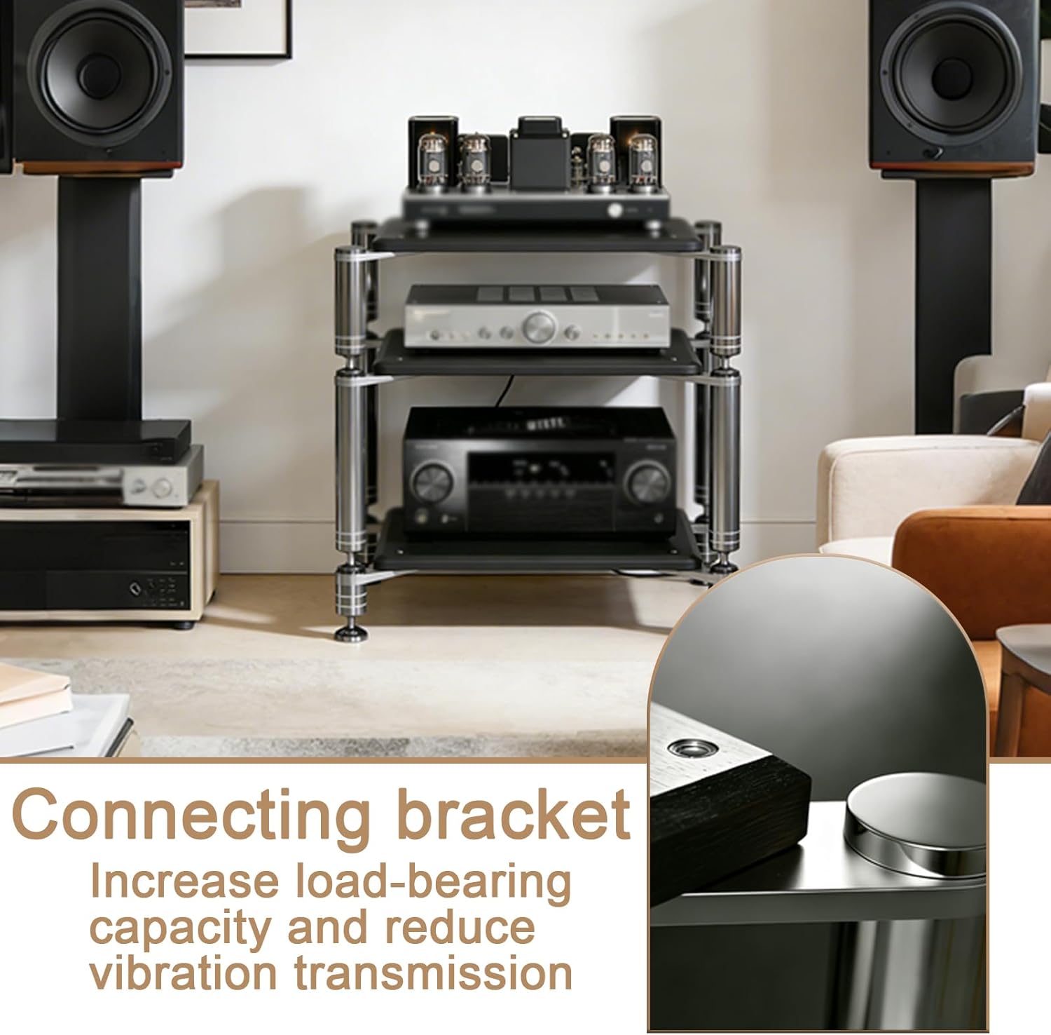 Heavy Duty AV Media Stand, AV Component Stand with Stainless Steel Bracket, Stereo Component Rack, Suitable for Living Rooms, Offices and Recording Studios (Black Walnut, 3-Tiers)