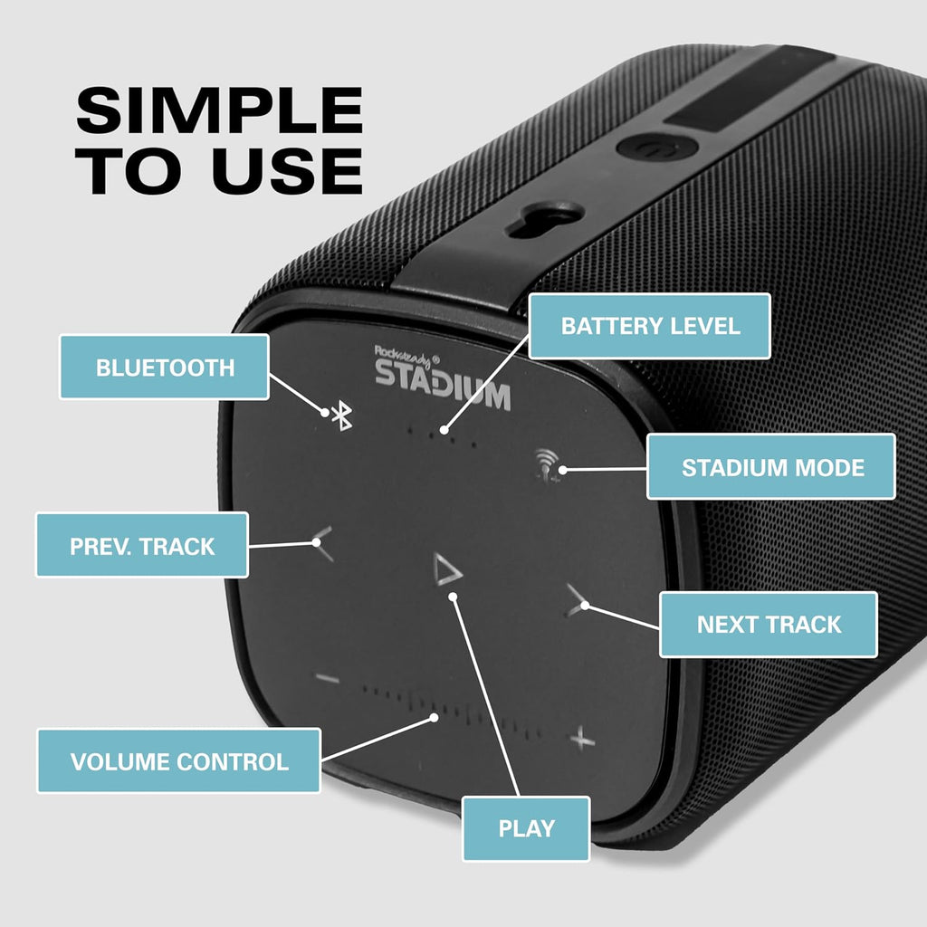 Rocksteady Stadium 2 Portable Bluetooth Speaker – Single | Up to 30-Hr Battery | 150 ft Range | Start Your Multi-Room System | No WiFi | USB-C