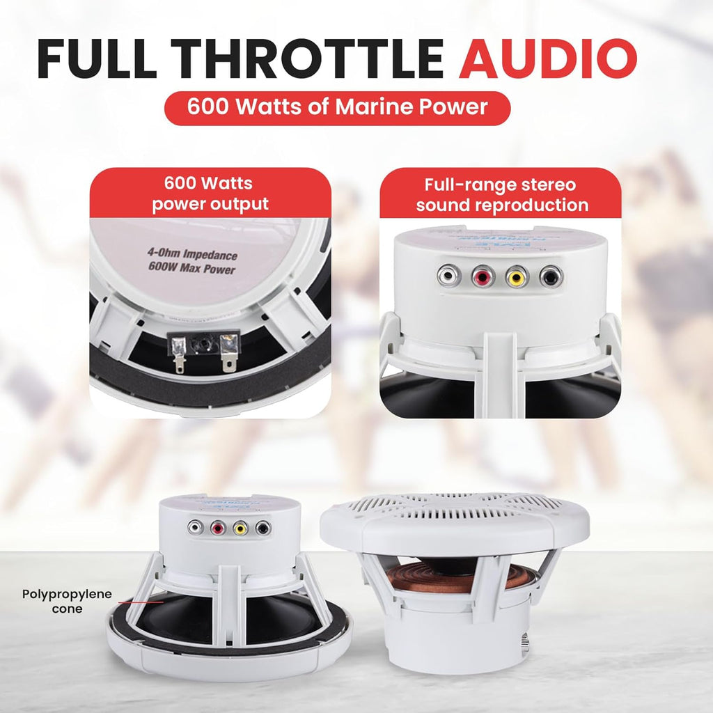 Pyle Marine Bluetooth Receiver Speaker Kit - Waterproof Audio Entertainment System Set w/Dual 6.5" Boat Speakers, Wireless BT Controller, Compact Handheld Broadcasting Microphone (White)