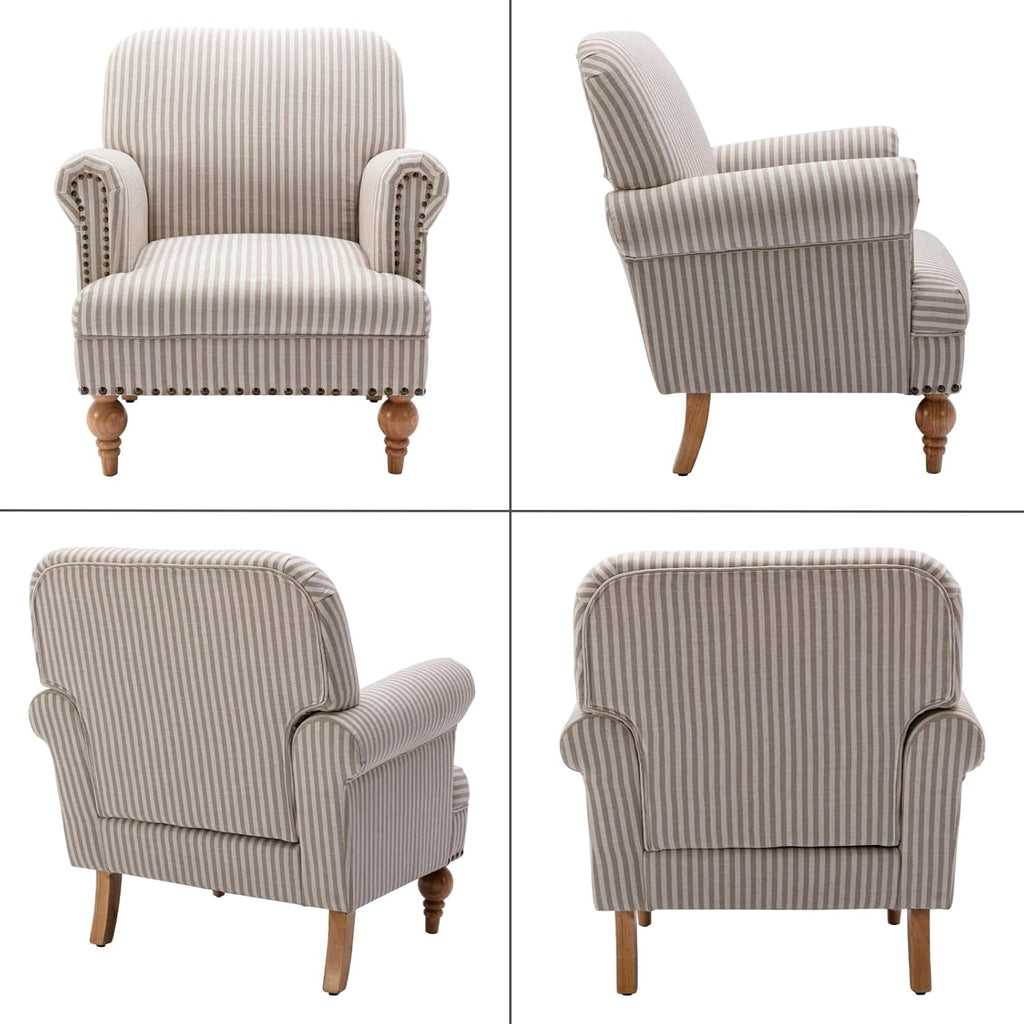 Khaki Striped Linen Fabric Accent Chairs Set of 2, Modern Farmhouse Upholstered Armchairs with Nailhead Trim & Ball Turned Legs, Cottage Club Chairs for Living Room Bedroom Guest Room