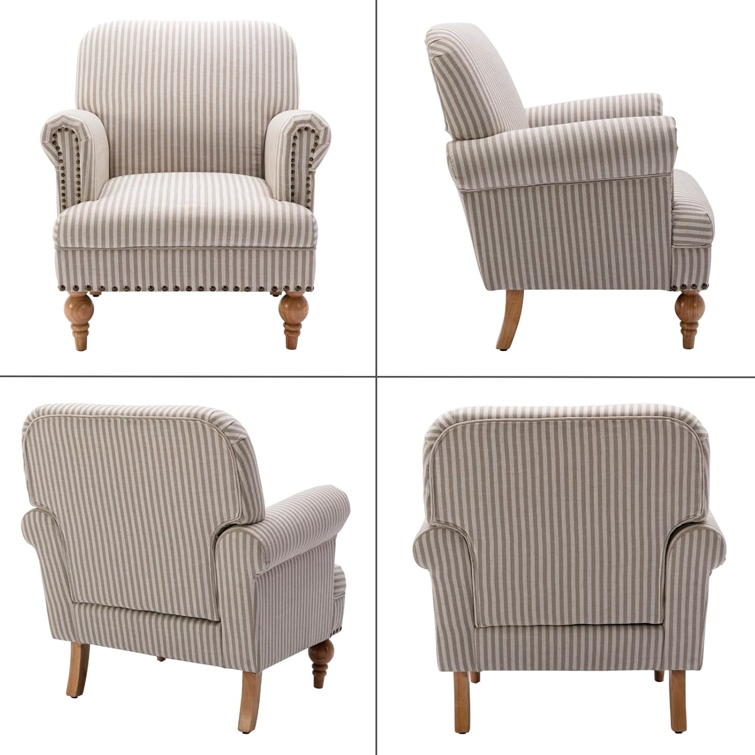 Khaki Striped Linen Fabric Accent Chairs Set of 2, Modern Farmhouse Upholstered Armchairs with Nailhead Trim & Ball Turned Legs, Cottage Club Chairs for Living Room Bedroom Guest Room