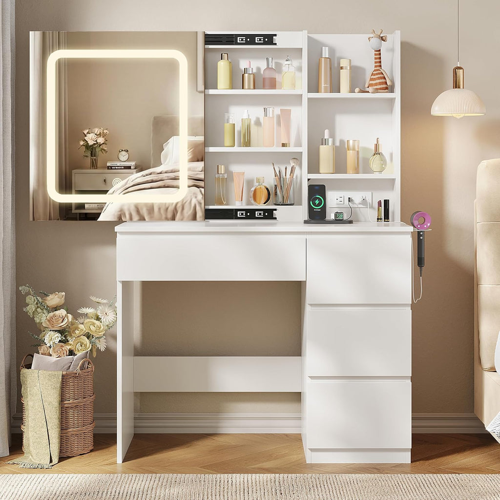 Vabches Make Up Vanity Desk with Charging Station, Vanity Set with Mirror and Stool and Lights,Dressing Table with 4 Drawers & Storage Shelves,37inch, White
