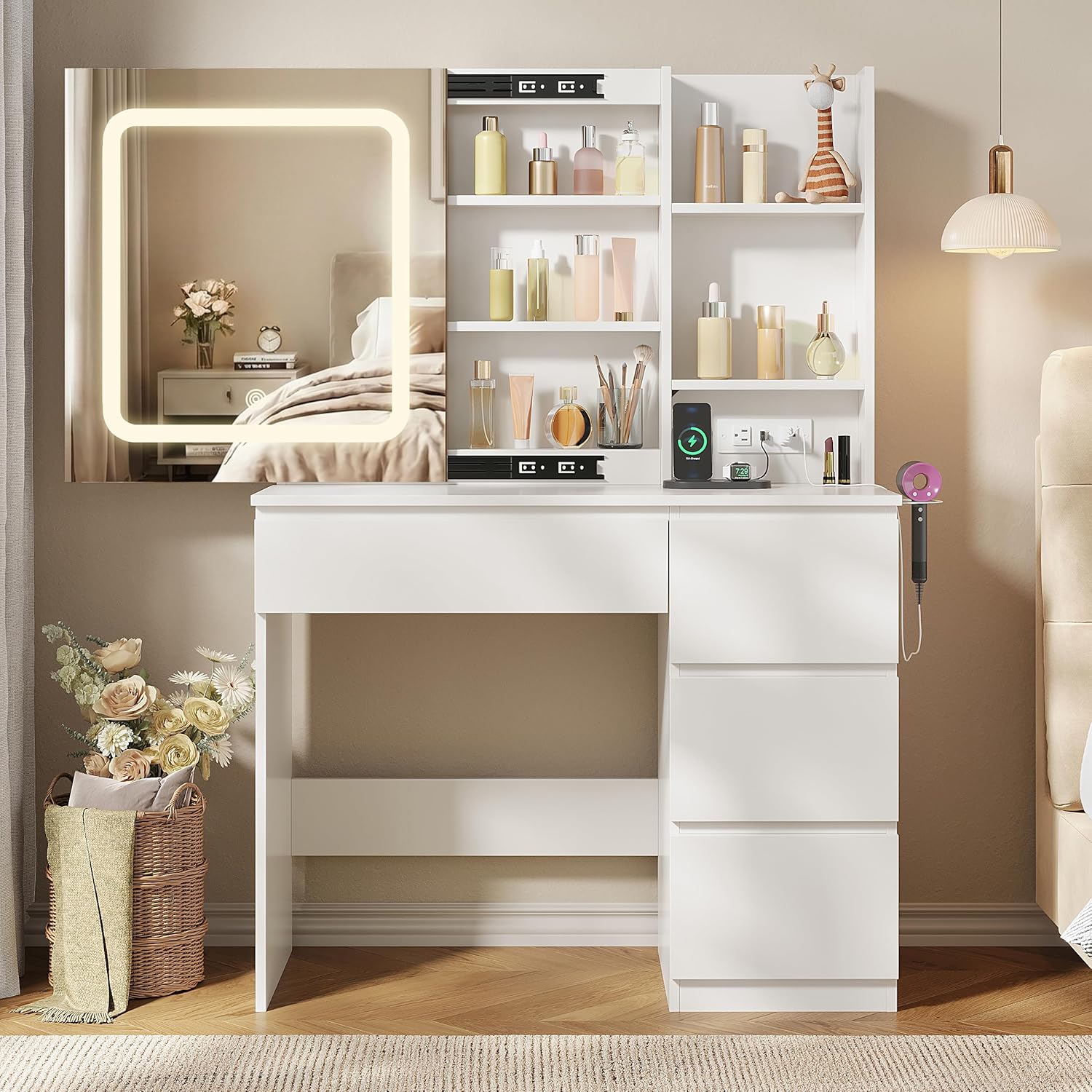 Vabches Make Up Vanity Desk with Charging Station, Vanity Set with Mirror and Stool and Lights,Dressing Table with 4 Drawers & Storage Shelves,37inch, White
