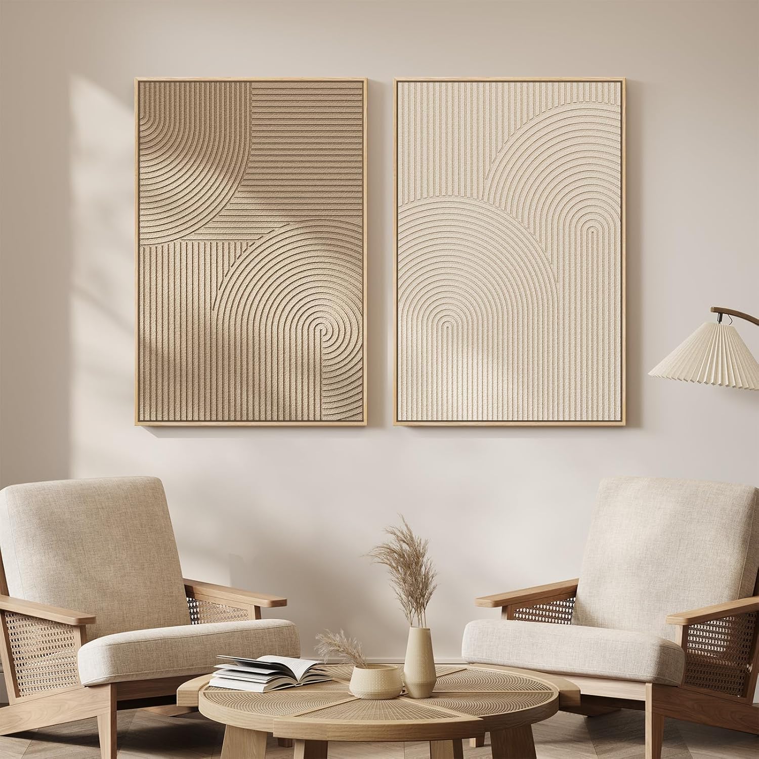 Large 3D Textured Framed Neutral Abstract Wall Art Set, 2 Piece Modern Minimalist Paintings Artwork for Walls, Beige Brown Geometric Line Pictures for Living Room Bedroom Hallway Wall Decor 24x36 In