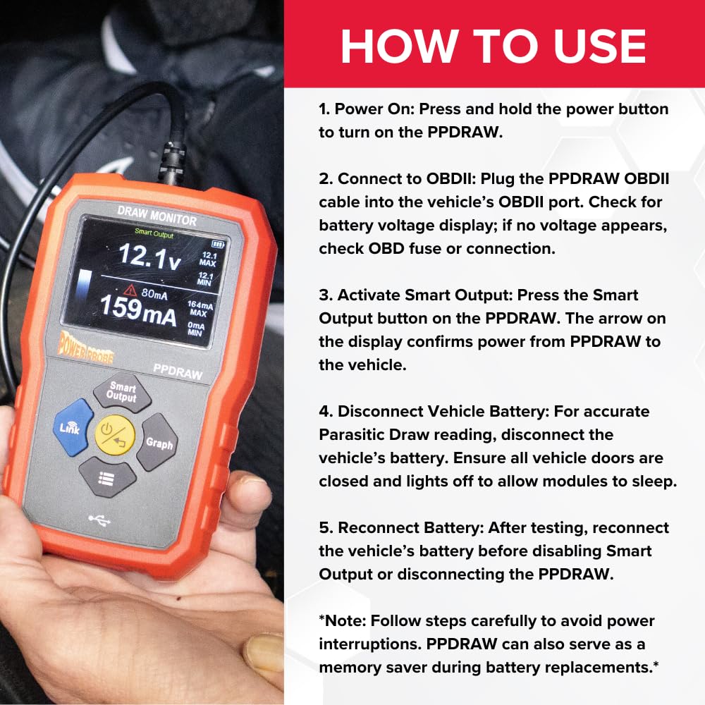 Power Probe PPDRAW Automotive Battery Voltage and Parasitic Draw Monitor with OBDII Connection