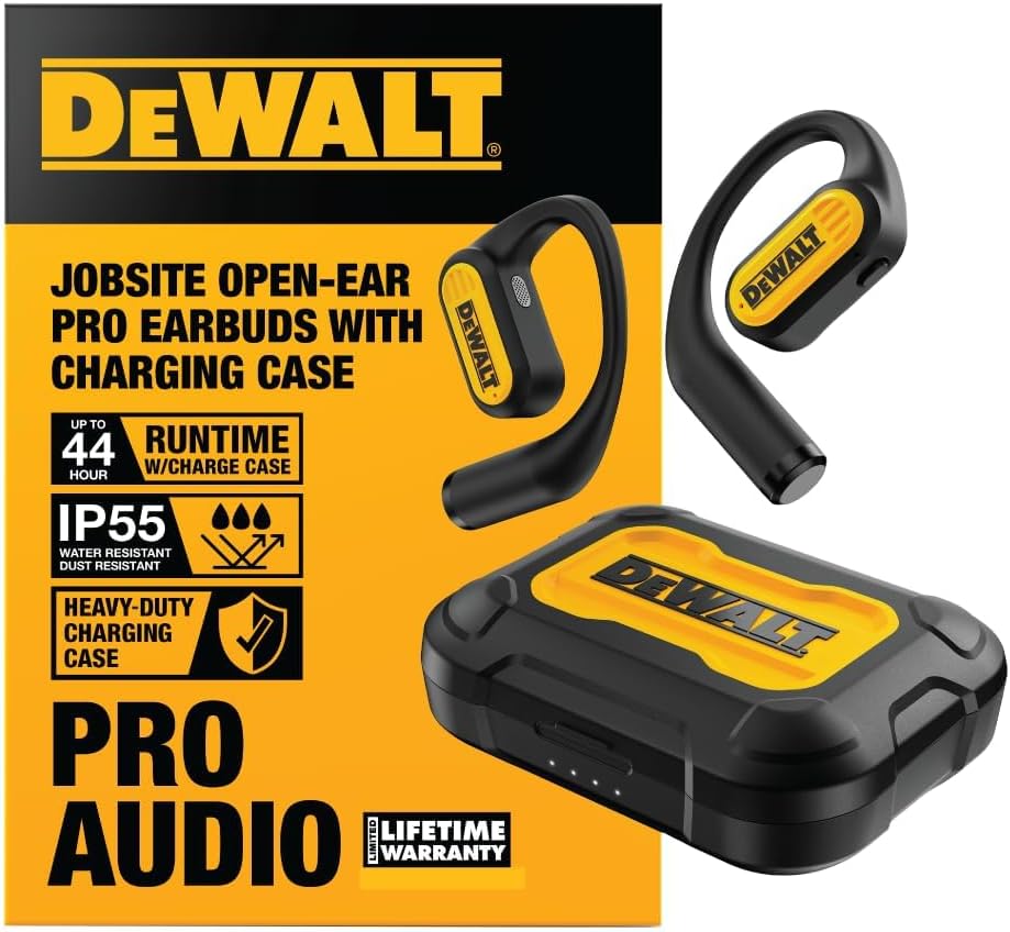 DEWALT Heavy Duty Open Ear Headphones, Bluetooth 5.3 Wireless Earbuds IP55, 44Hrs Runtime, Jobsite Premium Sound True Wireless Air Conduction Open Ear Earbuds with Earhooks for Worksites and Workouts
