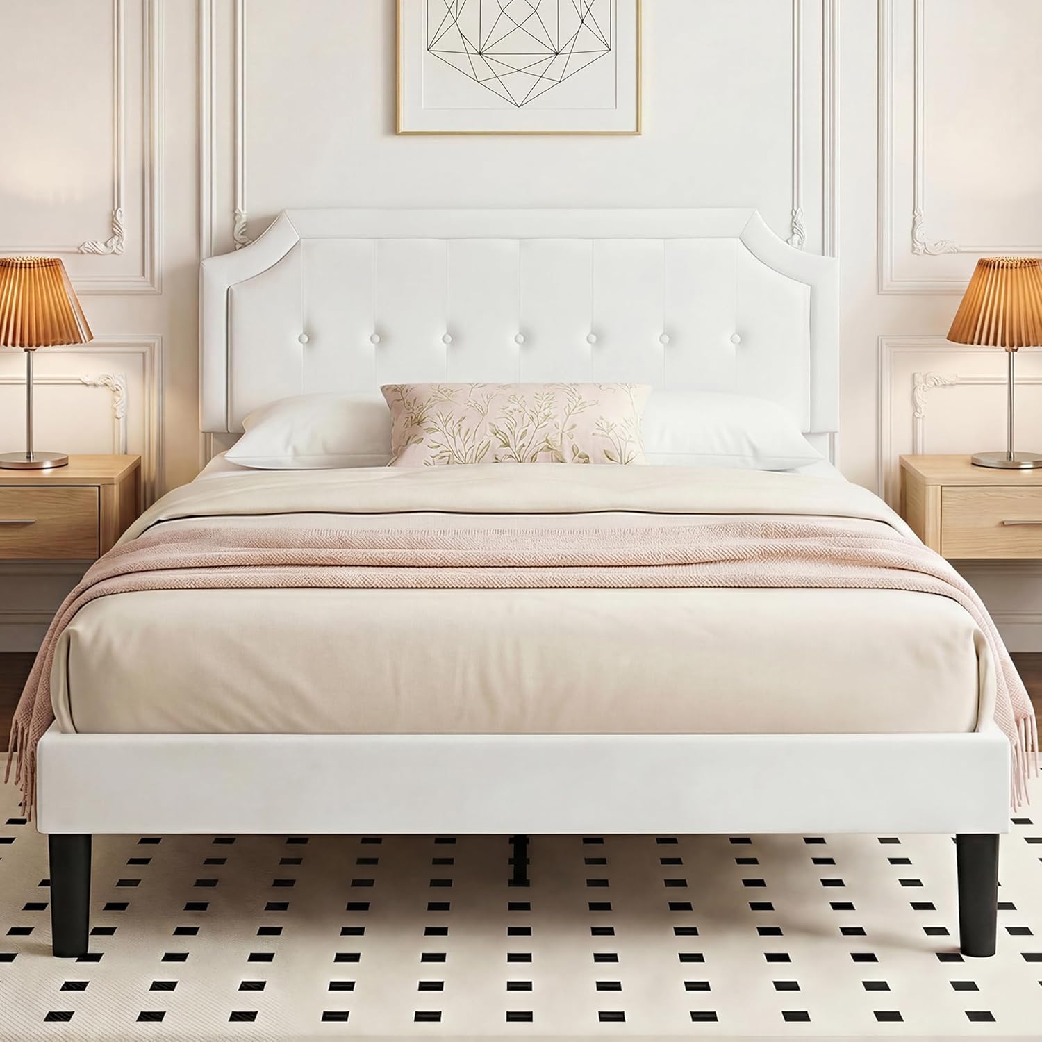 VECELO Queen Size Bed Frame with Velvet Upholstered Headboard, Platform Bedframe Mattress Foundation, Sturdy Wooden Slats Support,No Box Spring Needed Noise Free/Easy Assembly, Off White