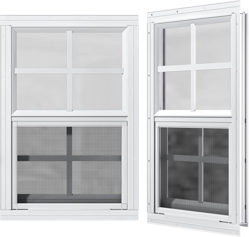 2 Pack Shed Windows 24" x 36" H Flush Mount, White Household Windows for Playhouses, Barns, Chicken Coop