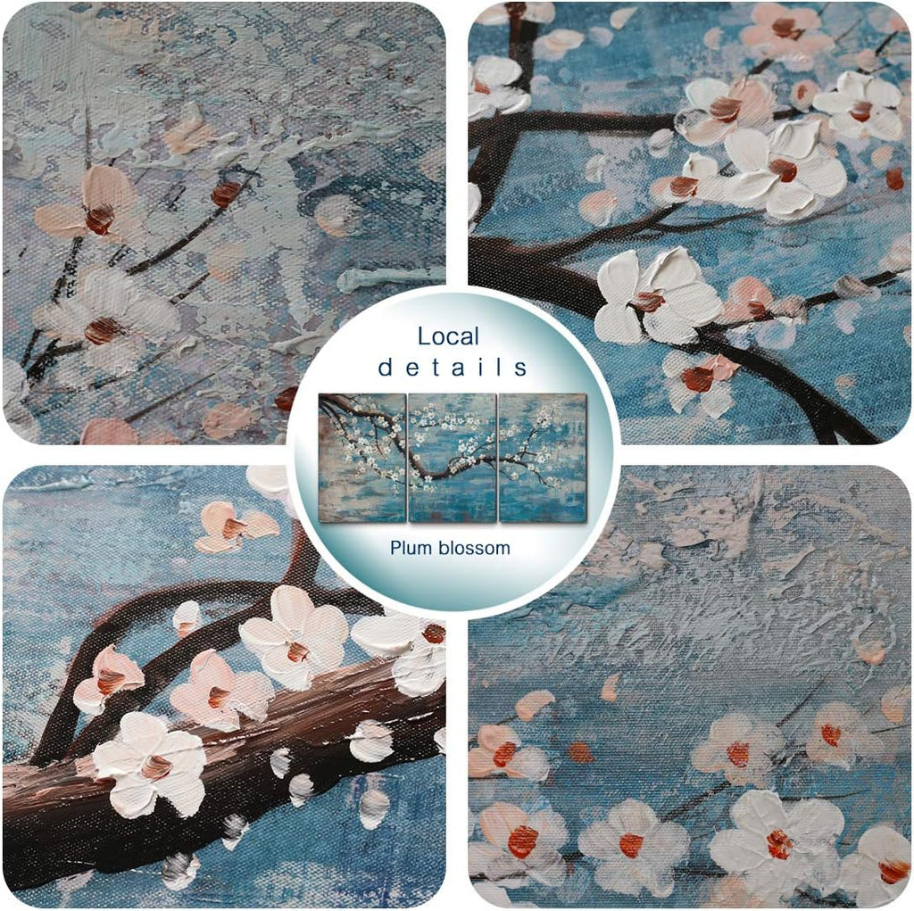 amatop Extra Large Wall Art for Living Room 100% Hand-Painted Framed Decorative Plum Floral Oil Painting Set Decorative Modern Blue Tree Artwork Ready to Hang